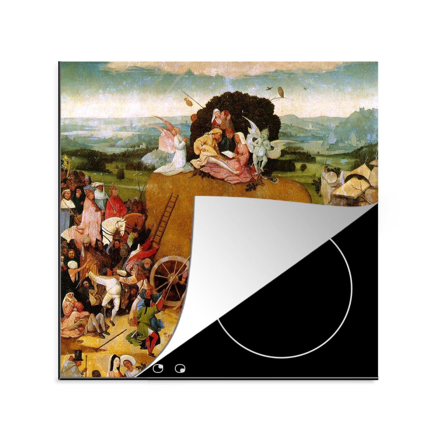 MuchoWow Herdblende-/Abdeckplatte Heuwaage Mitteltafel des Triptychons - Gemälde von Hieronymus Bosch, Vinyl, (1 tlg), 78x78 cm, Ceranfeldabdeckung, Arbeitsplatte für küche