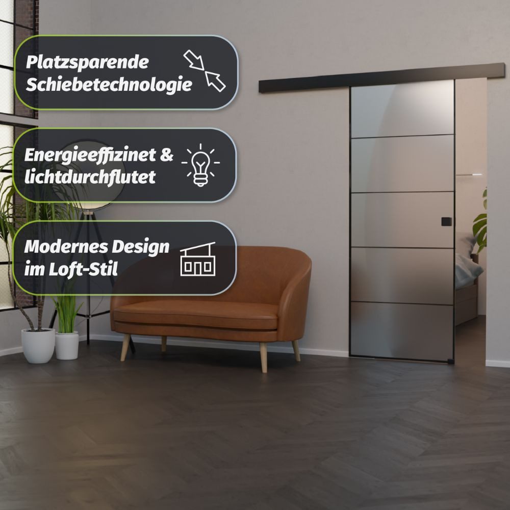 HORI Zimmertür Glastür aus ESG Glas Zimmertür Modernes Loft-Design in Schwarz, Thermisch behandeltes Glas, erhöhte Stoß- und Schlagfestigkeit