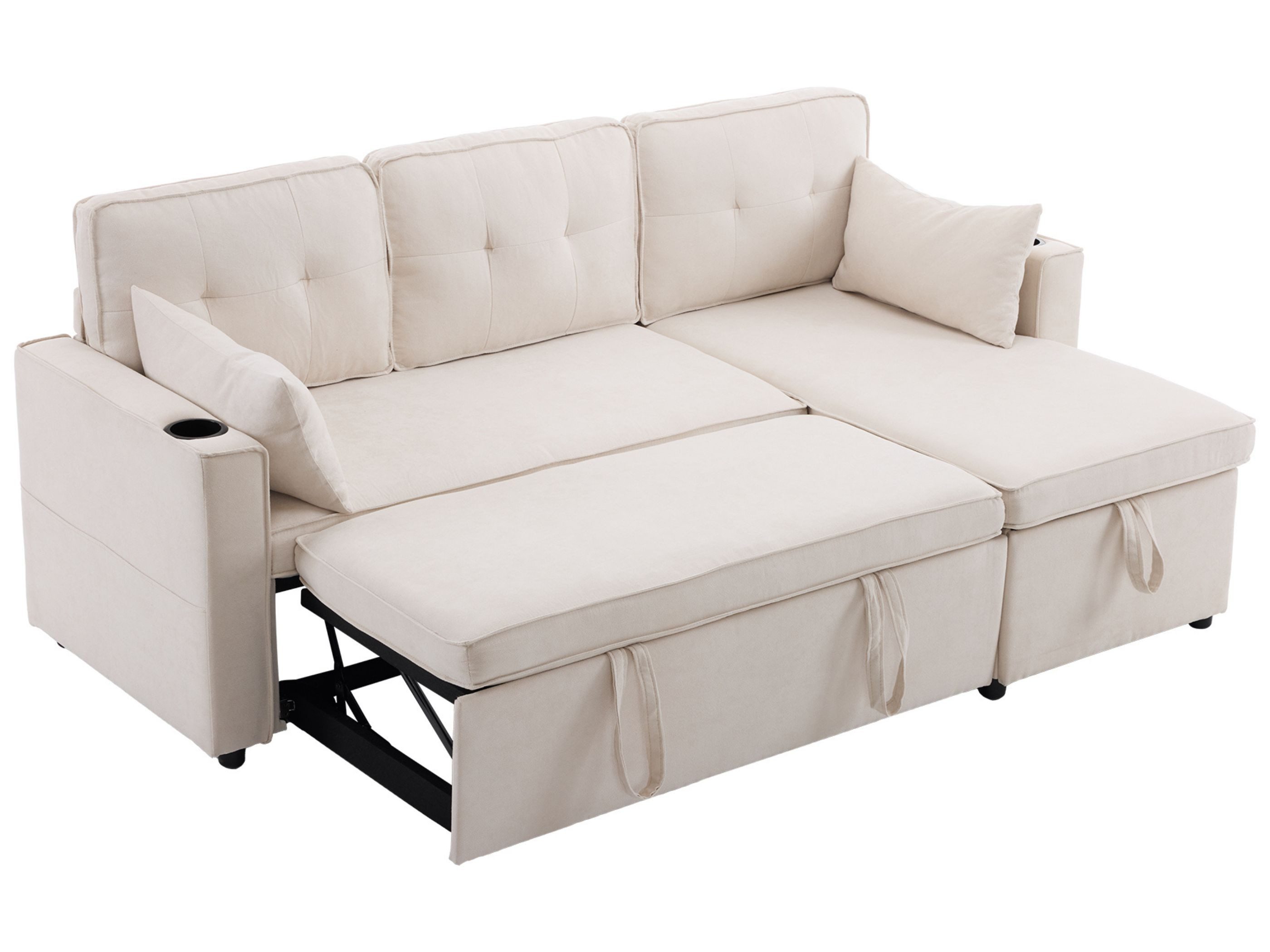 SeedWave Schlafsofa Ecksofa-Bett mit Wendbarer Ottomane, Inklusive Stauraum, Leinenstoff, Integrierter Becherhalter, Stilvolles 3-Sitzer