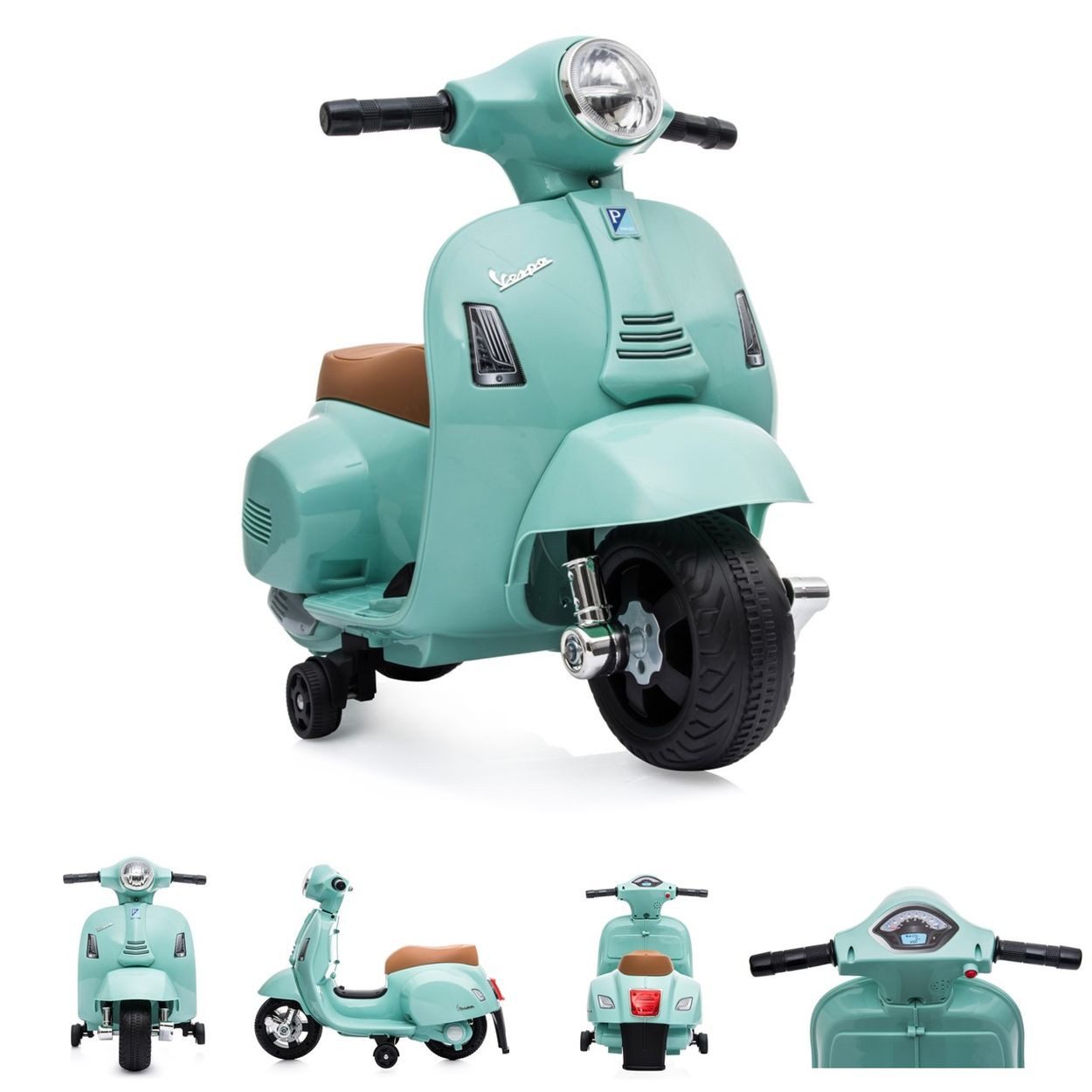 Moni Elektro-Kindermotorrad Vespa GTS Super Sport, Belastbarkeit 25 kg, Frontleuchten, Hupe, Gaspedal, Bremsautomatik, Stützräder, bis 25 kg