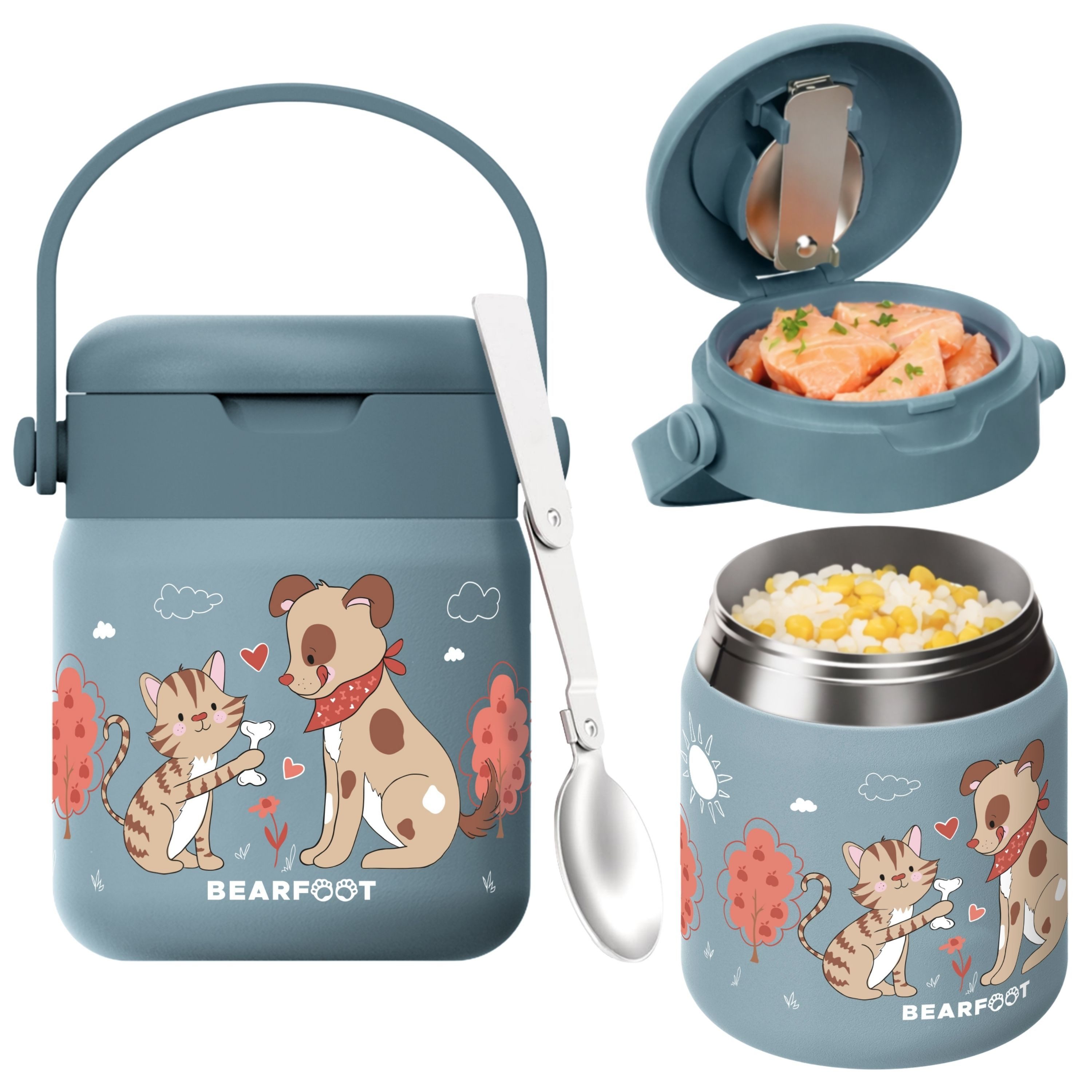 BEARFOOT Trinkflasche Thermobehälter Kinder Edelstahl - Hund & Katze blau, Thermobehälter, auslaufsicher, Edelstahl, Food jar, BPA-frei