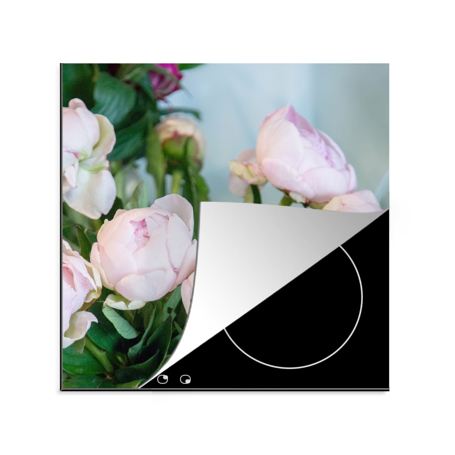 Vase, Ceranfeldabdeckung, tlg), Arbeitsplatte (1 MuchoWow küche Herdblende-/Abdeckplatte Knospen 78x78 von in rosa Pfingstrosen für Vinyl, einer cm,