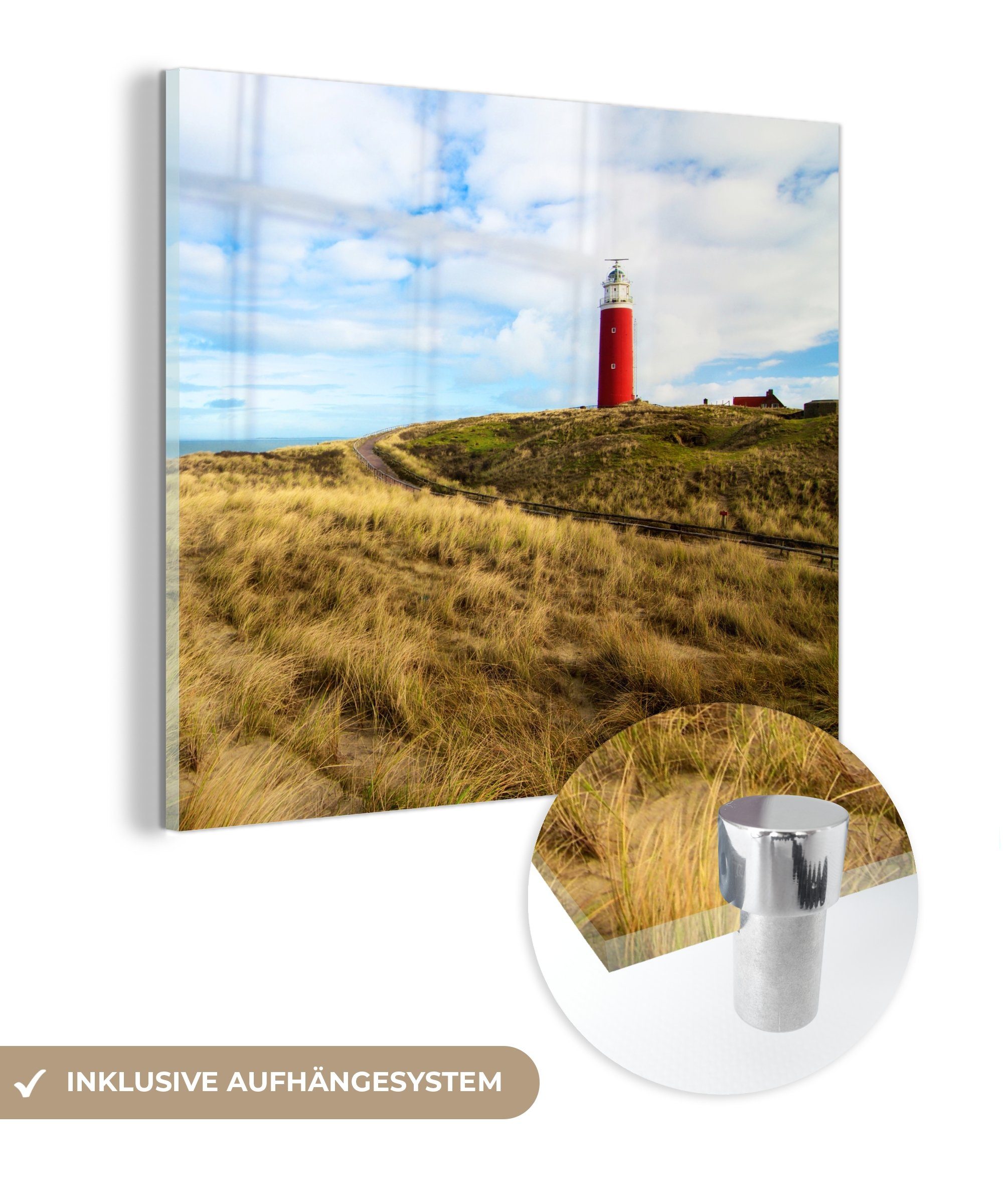 MuchoWow Acrylglasbild Strand auf Glasbilder - Glas St), Foto Wolken, (1 Wandbild Leuchtturm auf - Wanddekoration Bilder - - - Glas