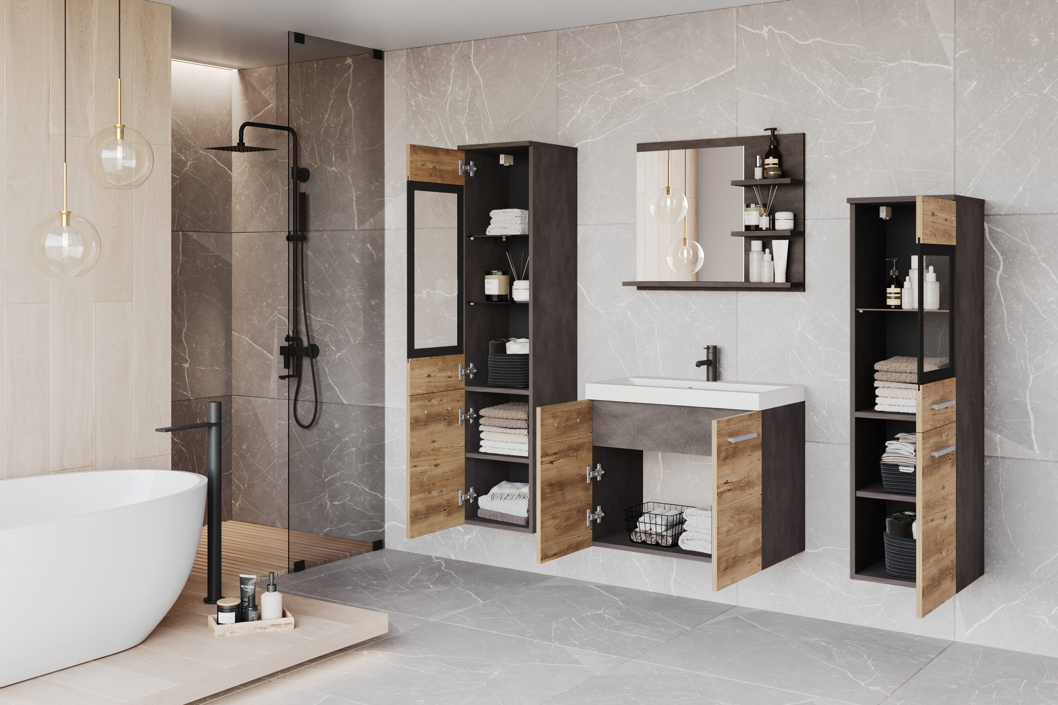 welltime Badmöbel-Set MADRIT, (Komplett-Set, 5-St., mit Waschbecken), Waschtisch inkl. Waschbecken, Badschrank, Hochschrank, Spiegel