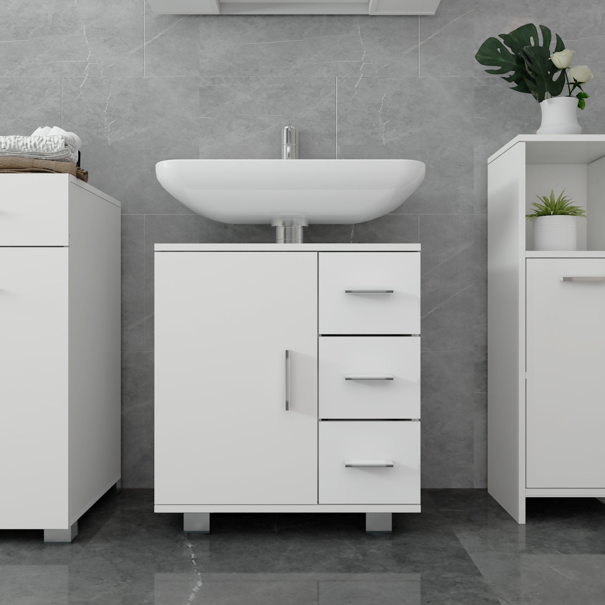 Badezimmer-Set 60x60,8x33 ML-DESIGN weiß Waschbeckenunterschrank aus MDF cm