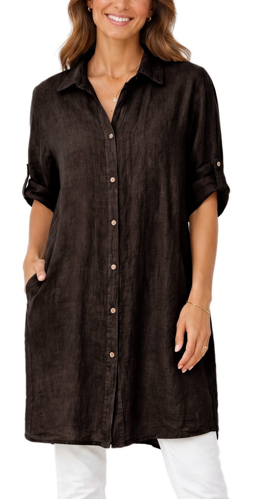 dy_mode Longbluse Damen Leinen Longbluse Sommer Hemdbluse Blusenkleid Luftige Tunika in Unifarbe, mit Knopfleiste