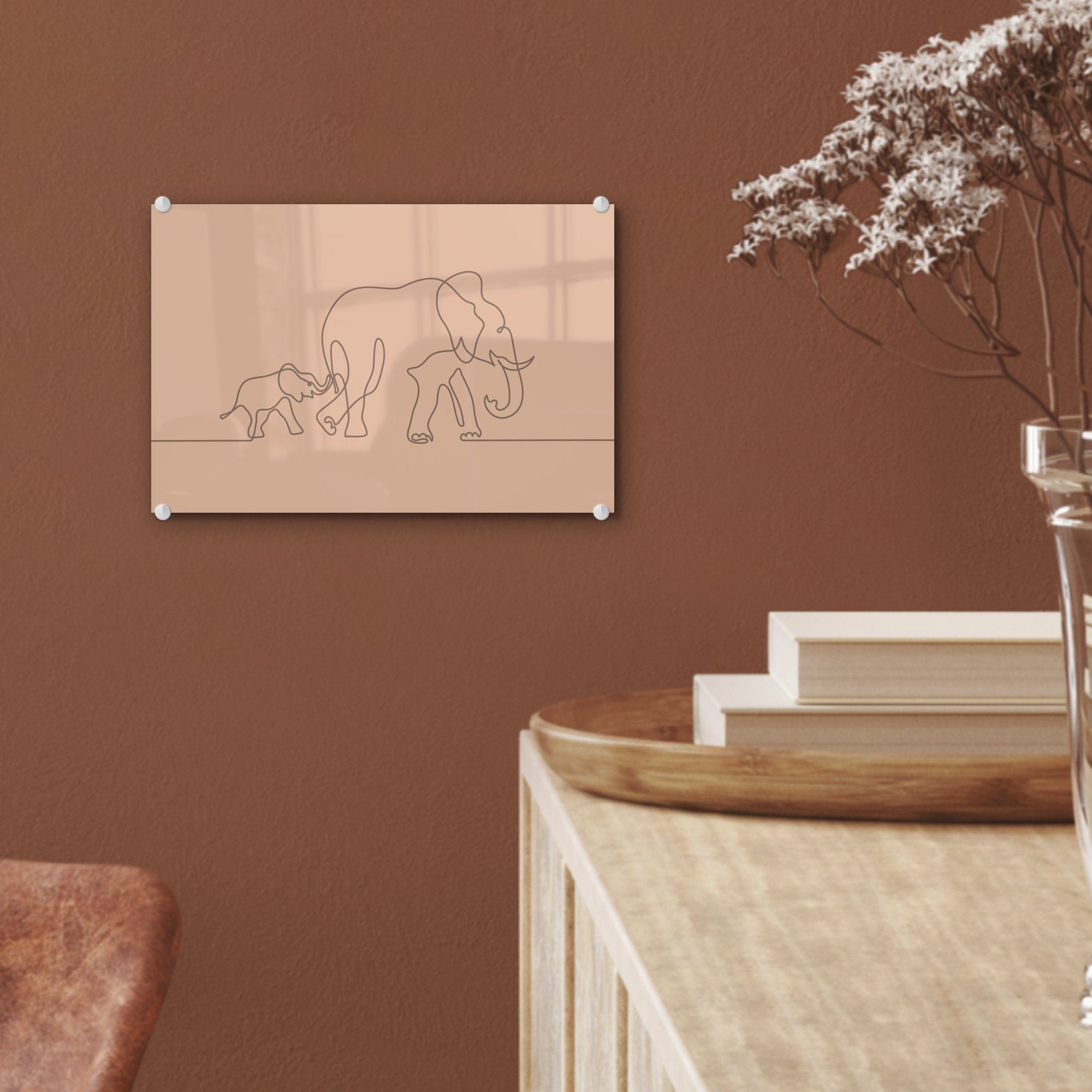 - Wanddekoration - Minimalismus - - auf Bilder Glasbilder - auf Wandbild Braun, (1 Elefant Glas MuchoWow Foto Acrylglasbild Glas St),