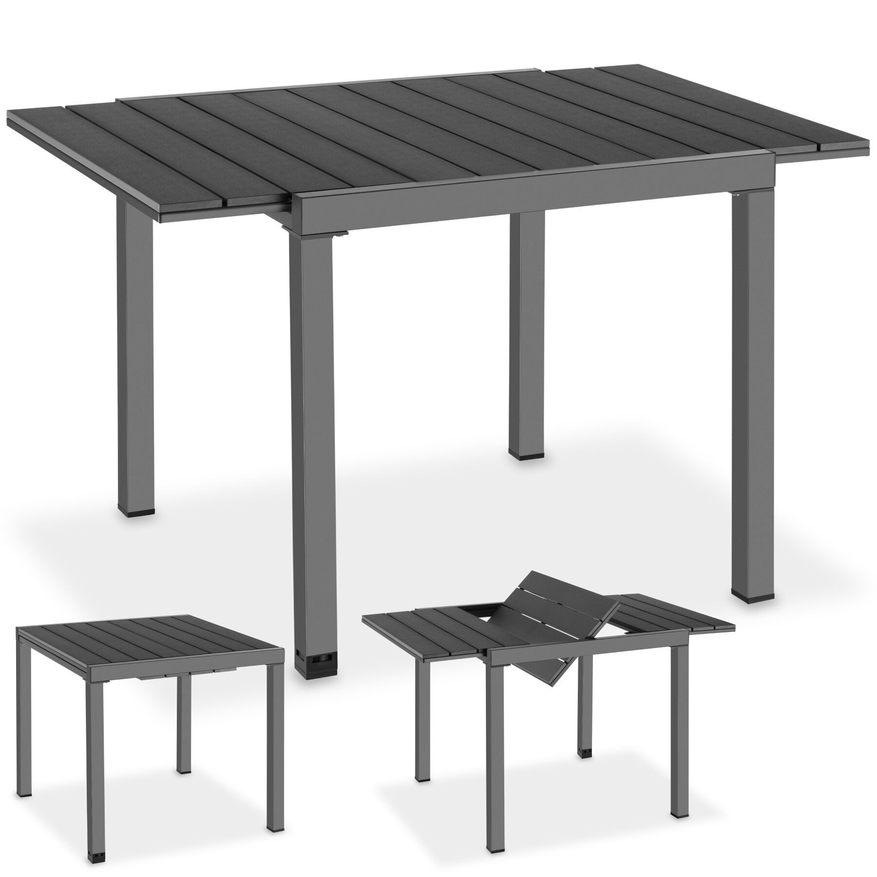 tectake Gartentisch Outdoor-Esstisch aus Aluminium für 4-6 Personen, 80–120 x 80 x 74 cm (Balkontisch Inca, 1-St., in schwarz), Lamellen in Holzoptik, wetterfest und UV-beständig, höhenverstellbar
