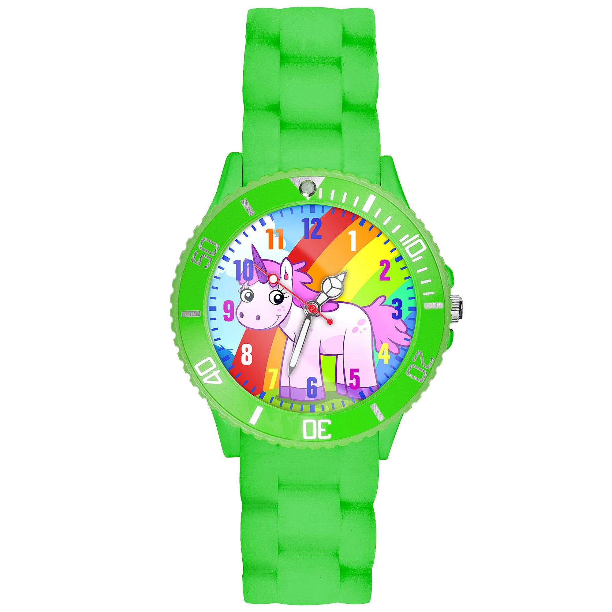 Taffstyle Quarzuhr Kinder Armbanduhr Silikon Einhorn Analog Uhr Bunt, Mädchen Sportuhr Bunte Kinderuhr Lernuhr Regenbogen Silikonuhr Grün