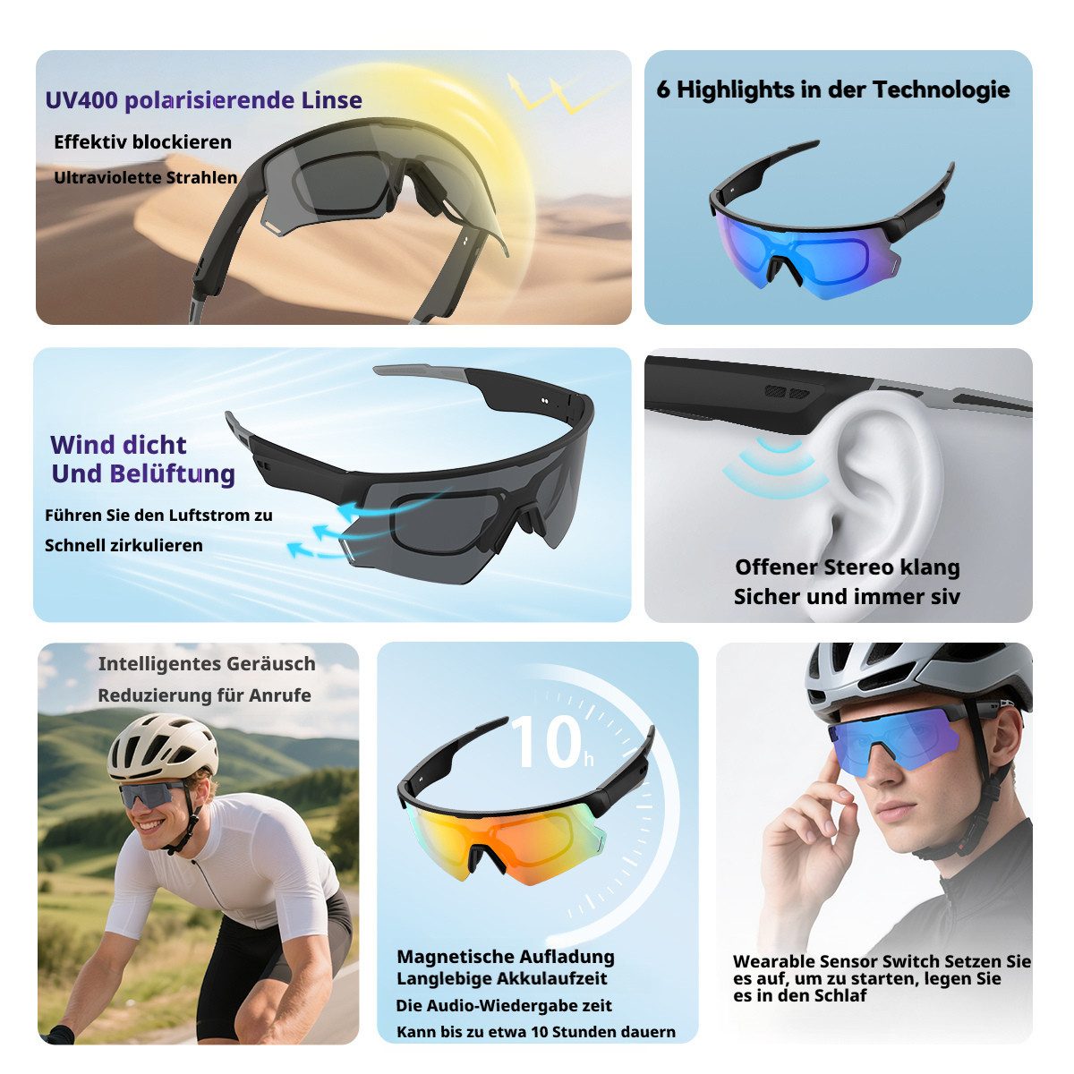 blackview Sportbrille D2 Fahrradbrille mit integriertem Bluetooth-Kopfhörer, IP54, UV400, Open-Ear-Akustik, Belüftungsdesign, Physiche Tasten