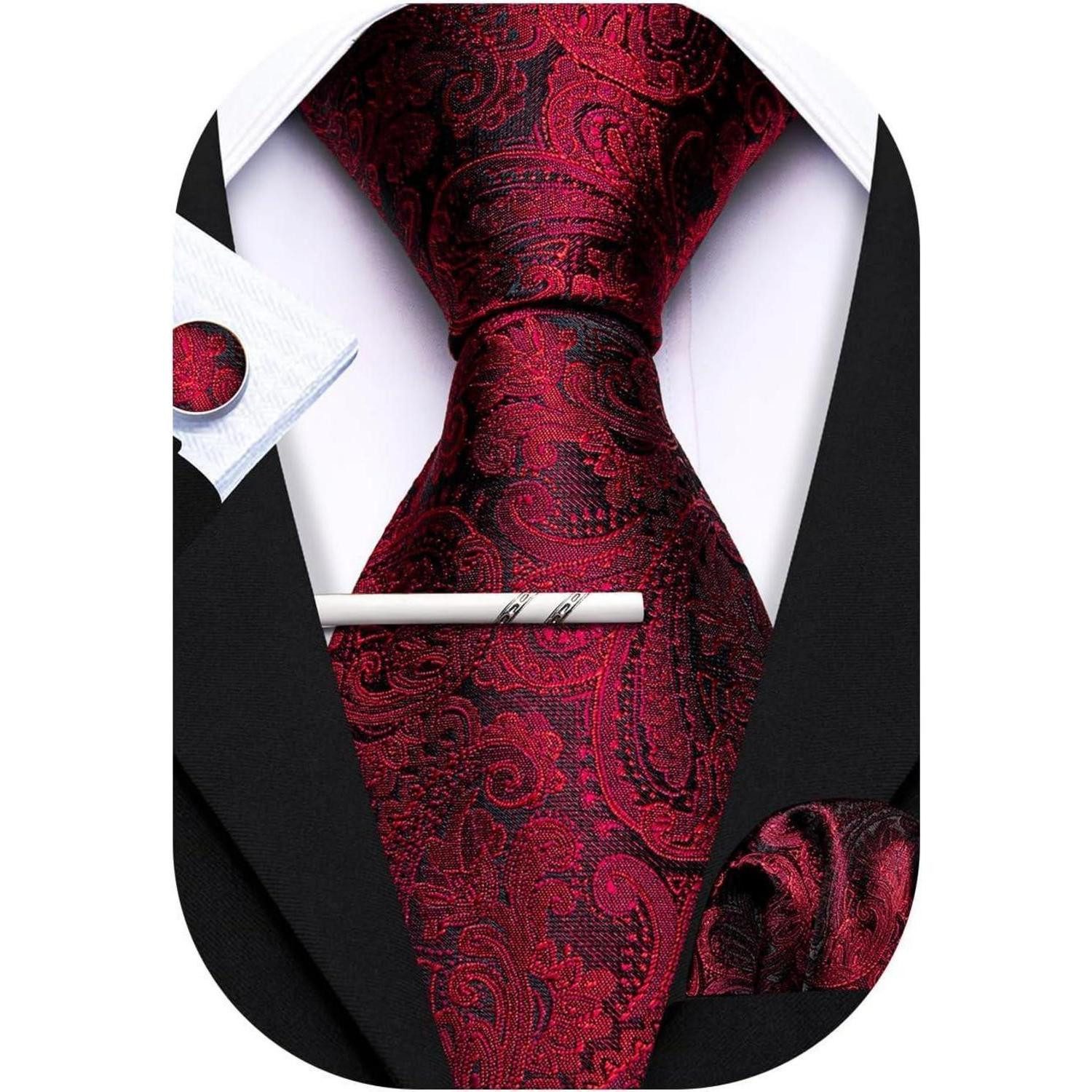 LuxusKollektion Krawatte Krawatte Herren Seide Paisley Set Manschettenknöpfe Rotes Paisley