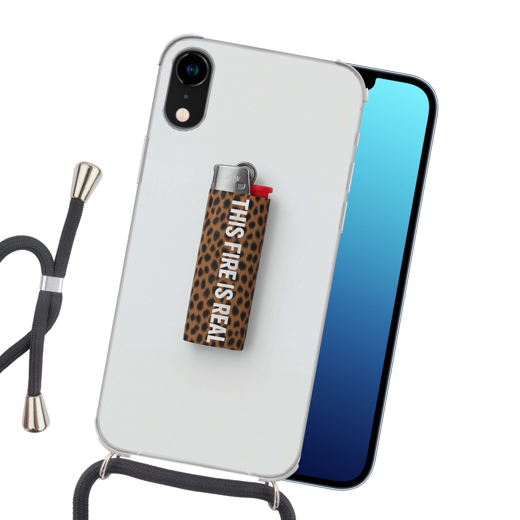 MuchoWow Handyhülle für Apple iPhone XR Feuerzeug - Zitat - Panther Druck, Tragbare Handyhüllen mit Kette zum umhängen, Handykette Handyband