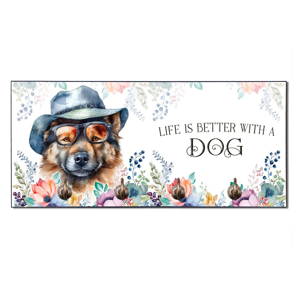 Cadouri Wandgarderobe EURASIER Hundegarderobe - Wandboard für Hundezubehör (Garderobe mit 4 Haken), MDF, mit abgeschrägten Ecken, handgefertigt, für Hundebesitzer