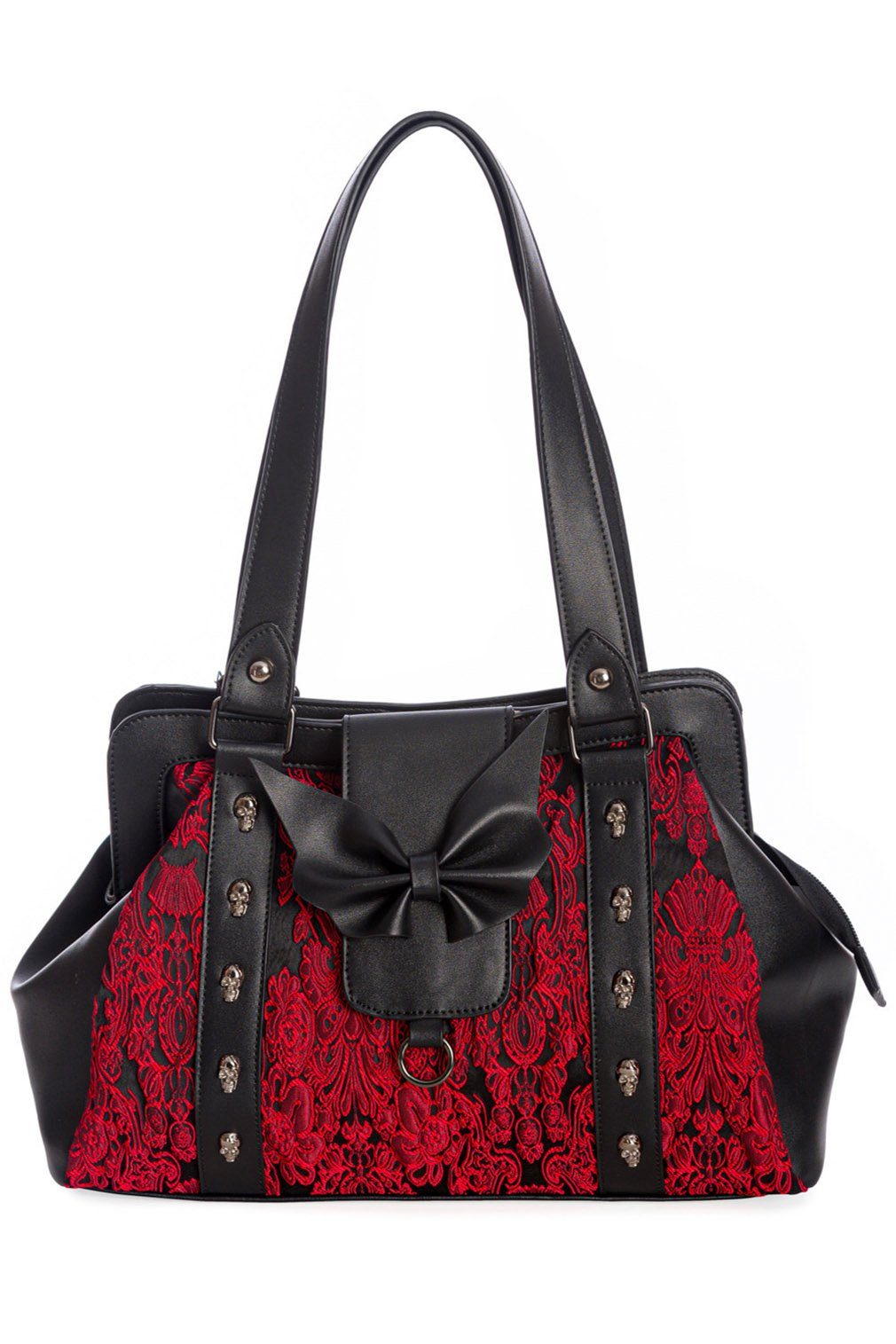 Banned Handtasche Maplesage Rot, mit Skull Nieten und Fledermausflügel Schleife