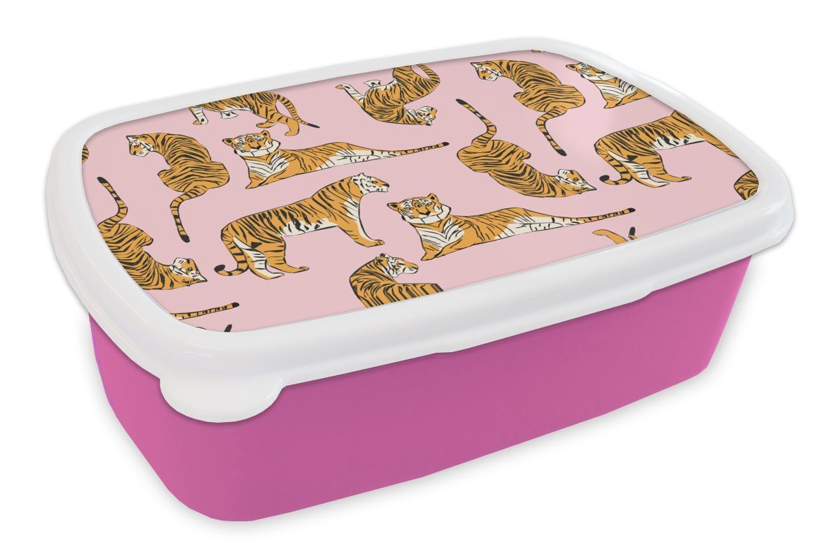 MuchoWow Lunchbox Muster - Tiger - Tiere, Kunststoff, (2-tlg), Brotbox für Erwachsene, Brotdose Kinder, Snackbox, Mädchen, Kunststoff rosa