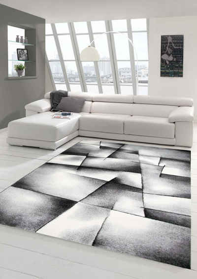 Teppich Designer Teppich Moderner Teppich Wohnzimmer Teppich Kurzflor Teppich Konturenschnitt Karo Muster Grau Schwarz Weiss, Teppich-Traum, rechteckig, Höhe: 13 mm