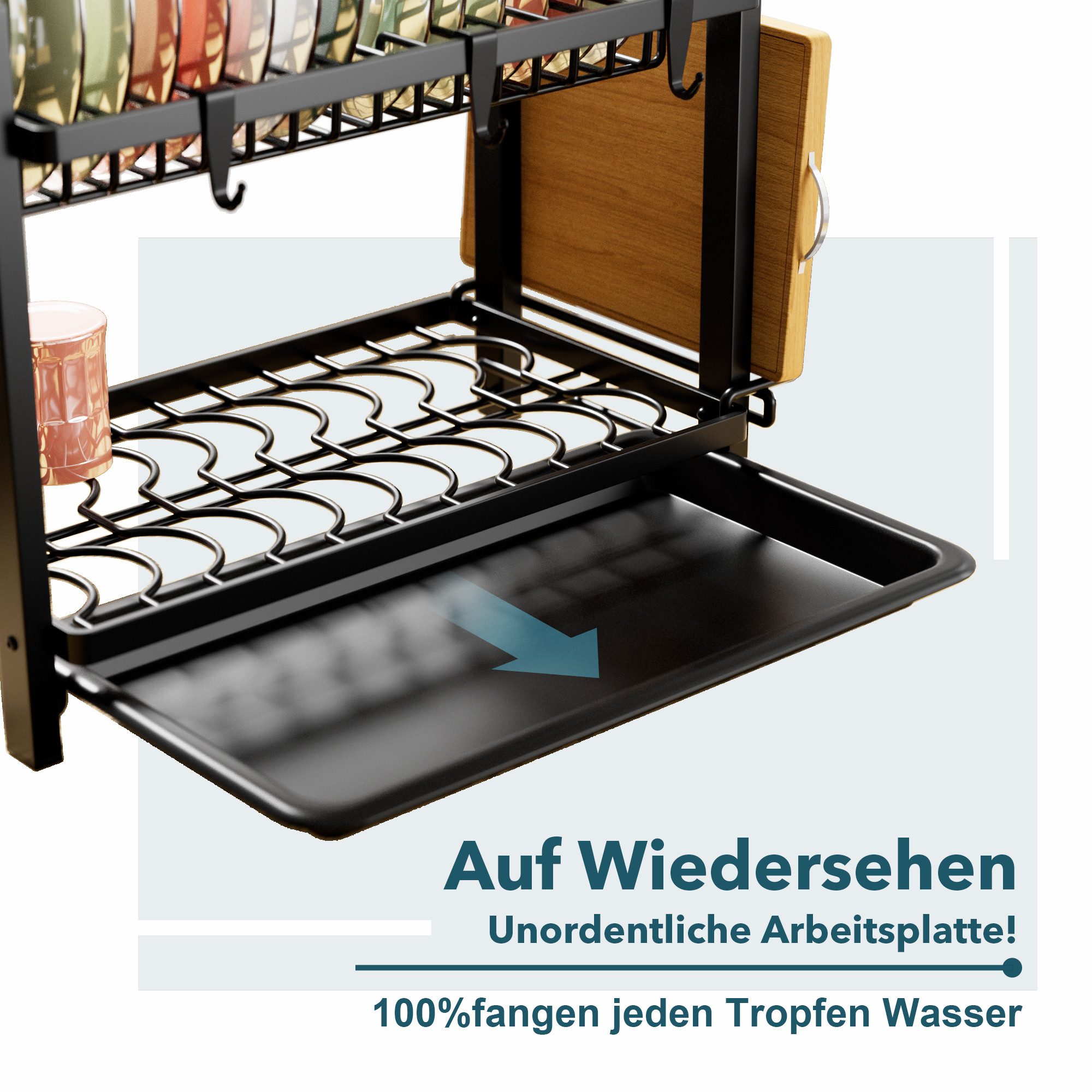 niffgaff Geschirrständer 2-stufiges Geschirrabtropfgestell mit Abtropfschale, elegant und hygienisch für Geschirr und Küchenutensilien – Bild 5 von 5
