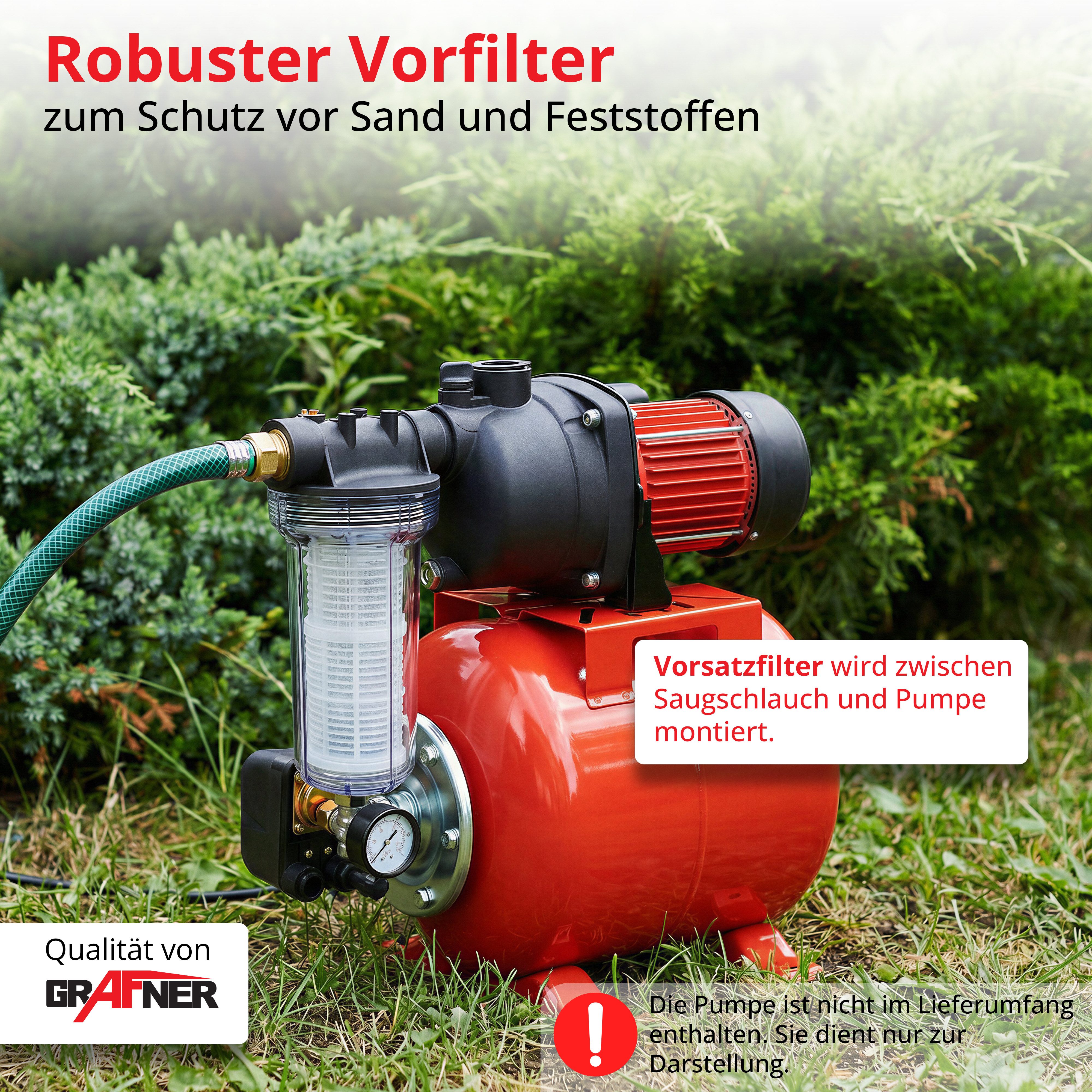 Grafner Vorfilter Filter für Hauswasserwerke und Gartenpumpen lang mit Einsatz, Auswaschbare Filterkartusche, Beidseitiger Gewindeanschluss