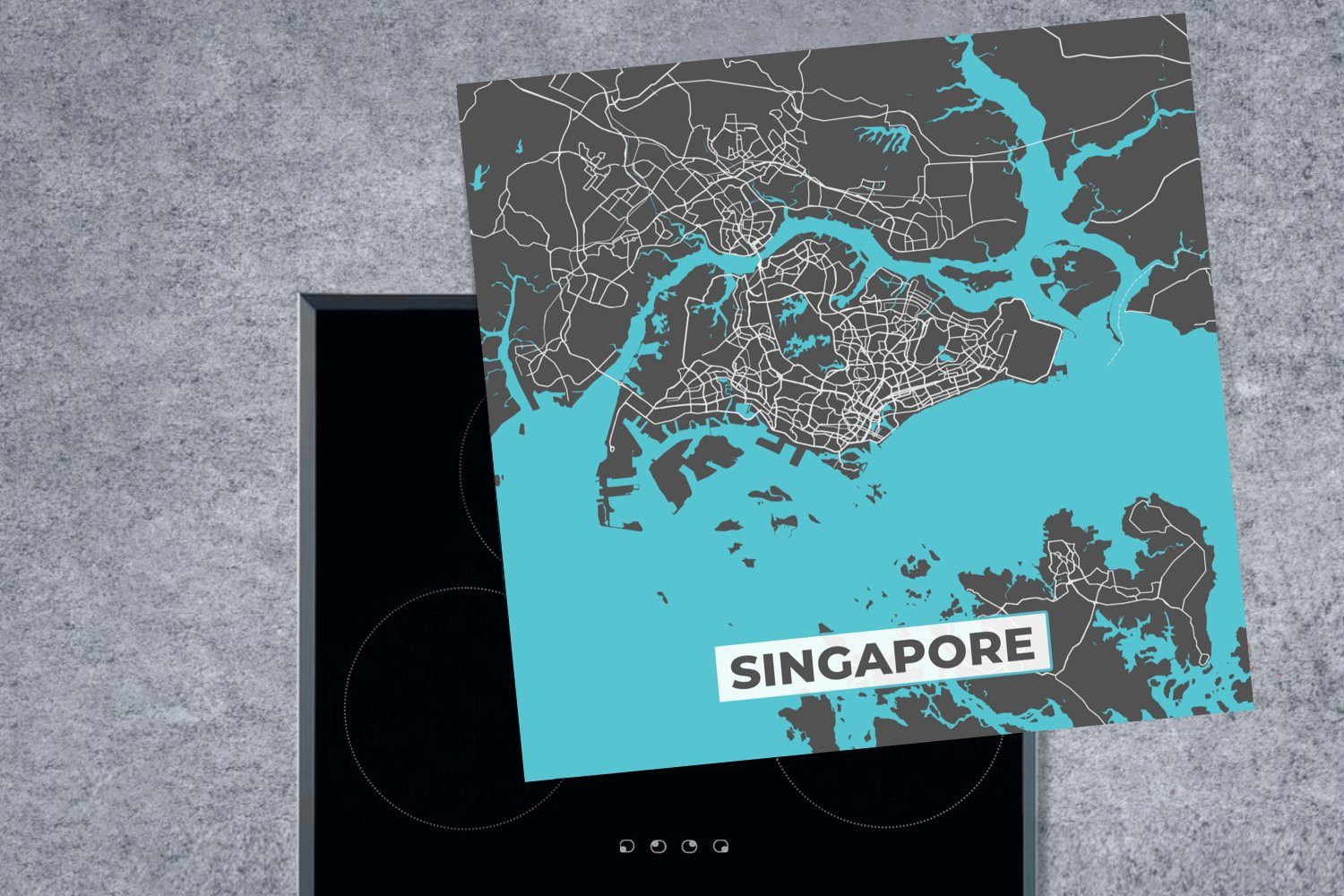 MuchoWow Herdblende-/Abdeckplatte Singapur - Karte Arbeitsplatte küche (1 Stadtplan, Blau - Ceranfeldabdeckung, für 78x78 - tlg), Vinyl, cm