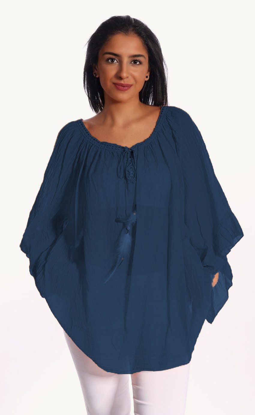 Charis Moda Tunika Bluse dreiviertelarm mit Feder - Quastenschnürung Oversize