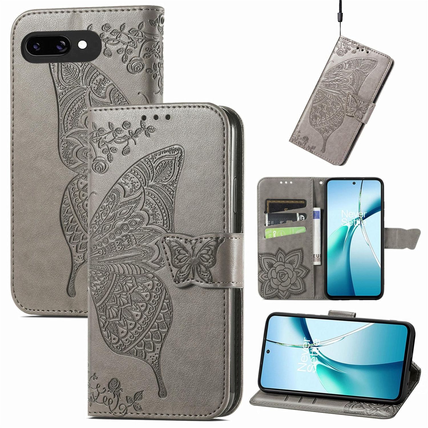 Wigento Smartphone-Hülle Für Google Pixel 9a Kunstleder Schmetterling Handy Tasche Hülle Grau, Kunst-Leder Schutzhülle Smart Case Cover magnetischer Verschluss