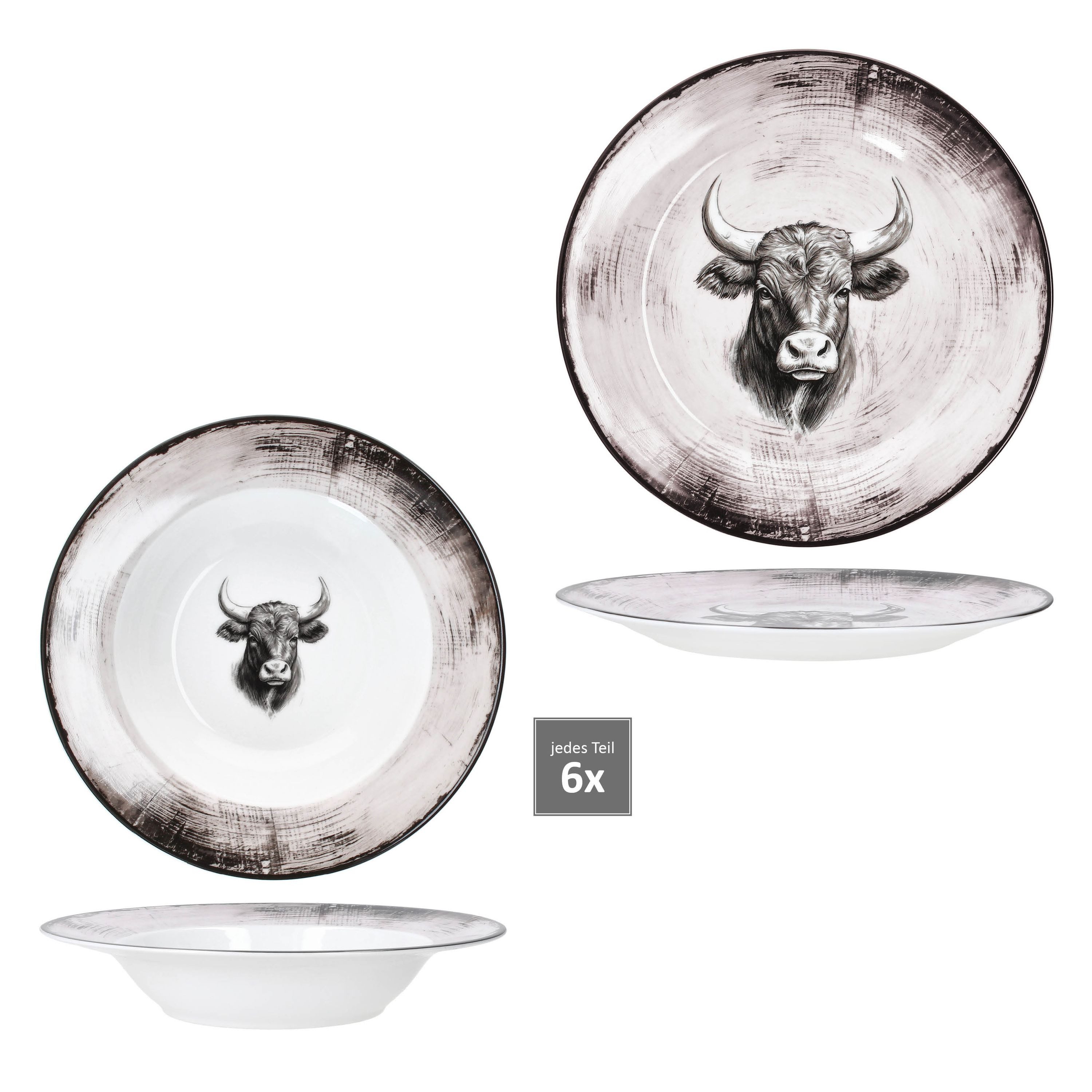 MamboCat Tafelservice MamboCat Toro 12tlg Tafelservice Speiseteller Suppenteller Kuh rosa, Porzellan