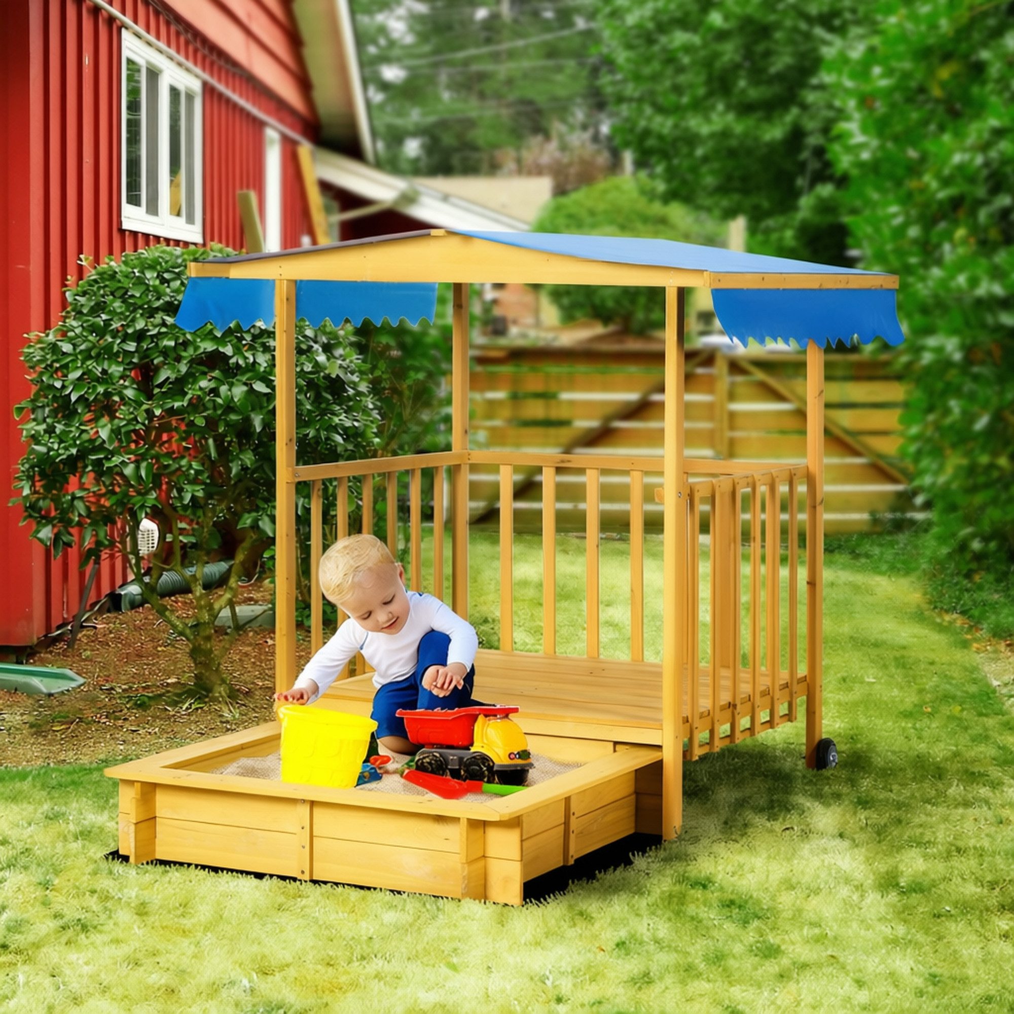 Outsunny Sandkasten Sandkiste mit Spielhaus, Dach und Rollen, 133x129x137,5cm, (Kinderspielhaus, 1-tlg., Sandbox), für Garten, Balkon, Naturholz