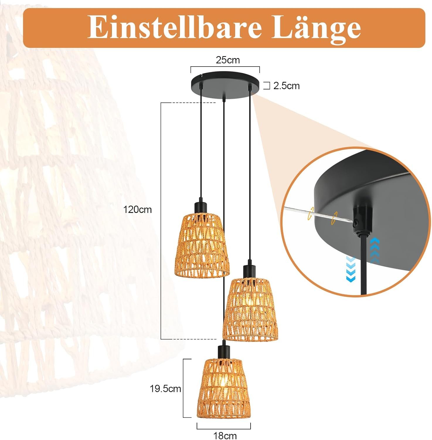 Nettlife Pendelleuchte Boho Rattan Hängelampe Retro höhenverstellbar 1/3 flammige E27, Höhenverstellbar, ohne Leuchtmittel, ob Schlafzimmer Flur Esszimmer Dachboden Küche