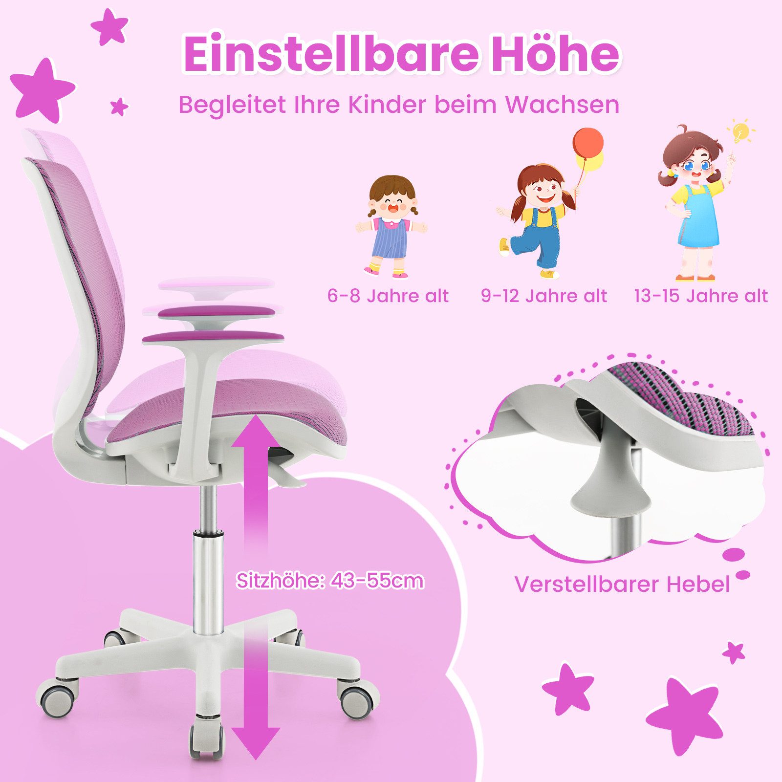 COSTWAY Drehstuhl Kinderstuhl, 43-55cm höhenverstellbar, mit Rollen 360° dr günstig online kaufen