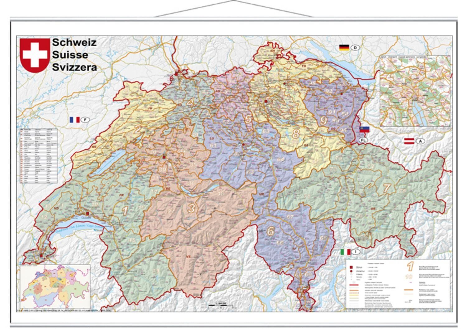 Schweiz Postleitzahlen 1 : 400 000. Wandkarte laminiert mit Metallbele / Heinrich Stiefel