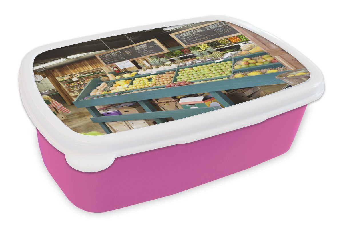 Kinder, Brotbox Brotdose Mädchen, für Lunchbox Erwachsene, - Obst rosa Kunststoff - MuchoWow (2-tlg), Supermarkt Kreidetafel, Snackbox, Kunststoff,