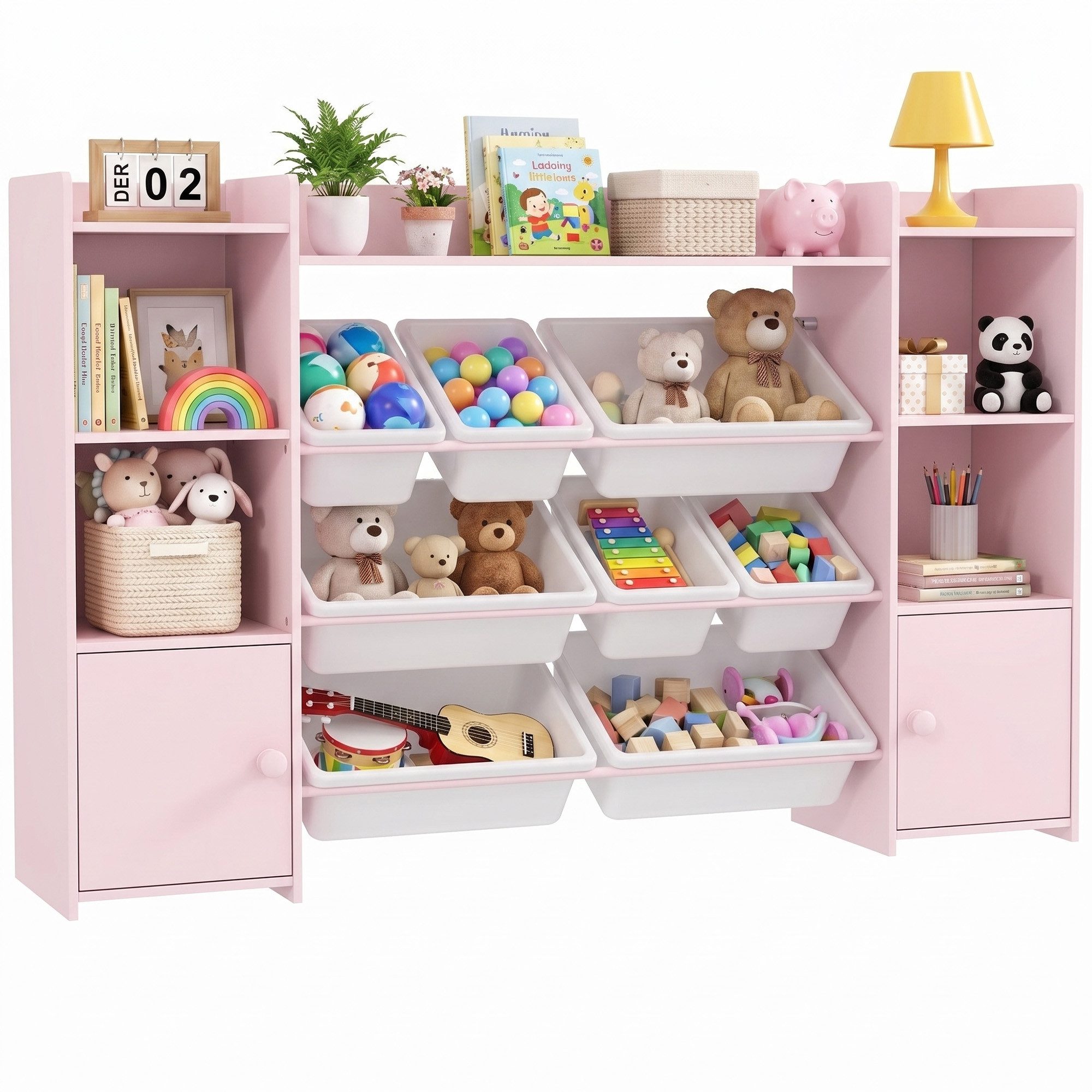 AIYAPLAY Kinderregal Spielzeugregal, Bücherregal, 8 Aufbewahrungsboxen, 4 offene Fächer, Kinderregal 1-tlg., für Kinderzimmer, Spielzimmer, Wohnzimmer, 140 x 30 x 90 cm, Rosa