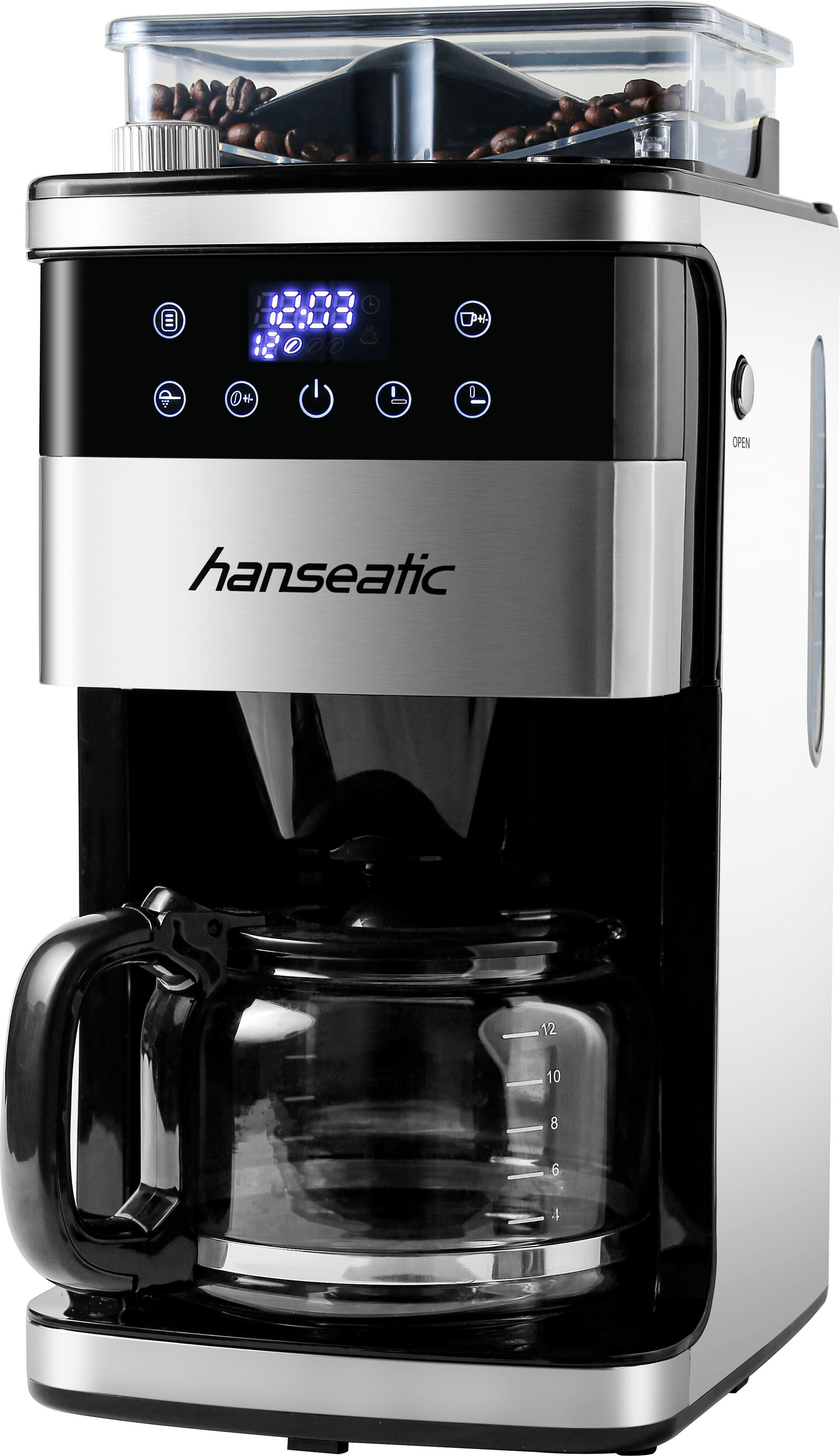 Hanseatic Kaffeemaschine mit Mahlwerk HCMG105015SD, 1,5l Kaffeekanne, Papierfilter 1x4, mit LCD Display und Timer