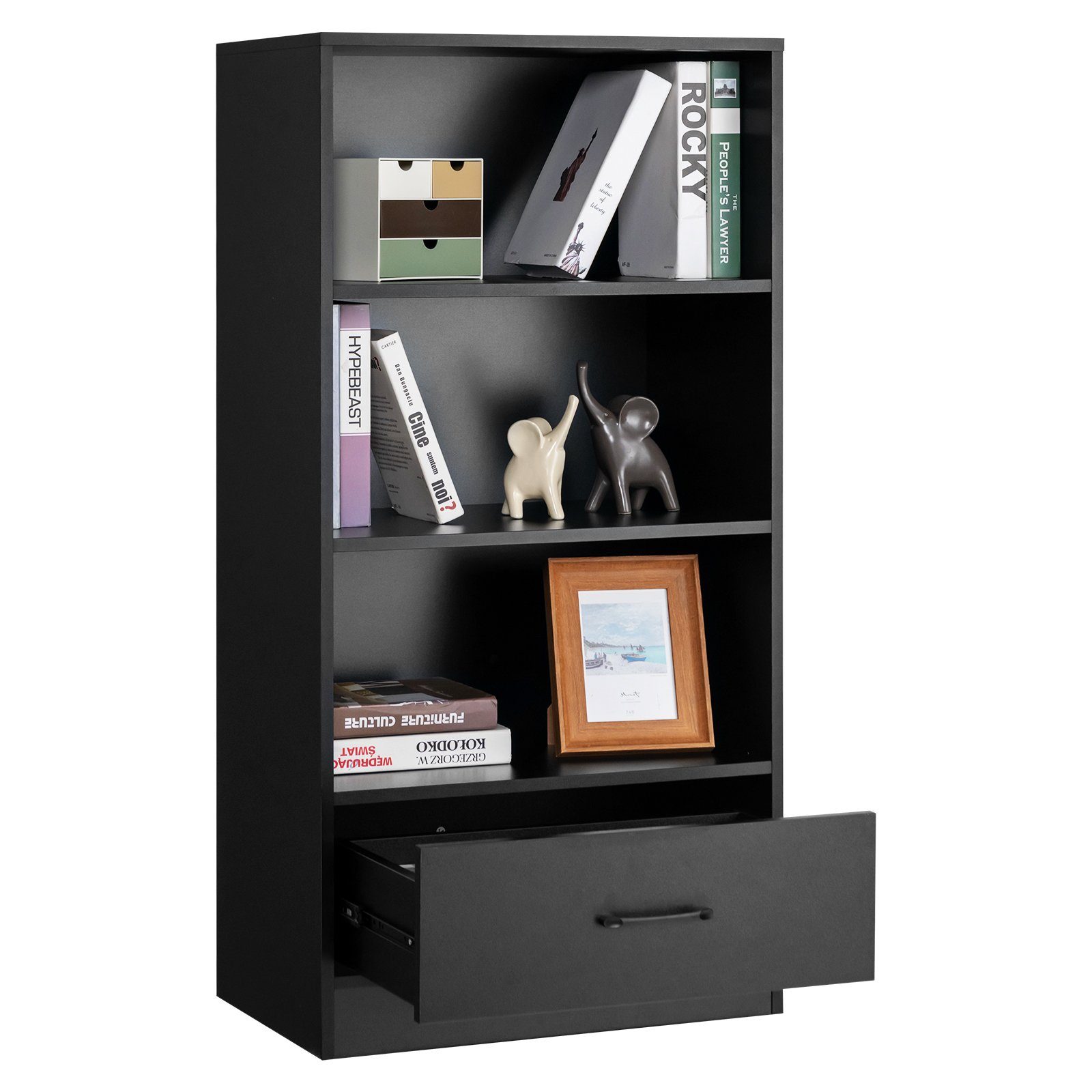 COSTWAY Bücherregal, Standregal mit großer Schubladen & 3 Fächern 60x38x120cm schwarz | schwarz
