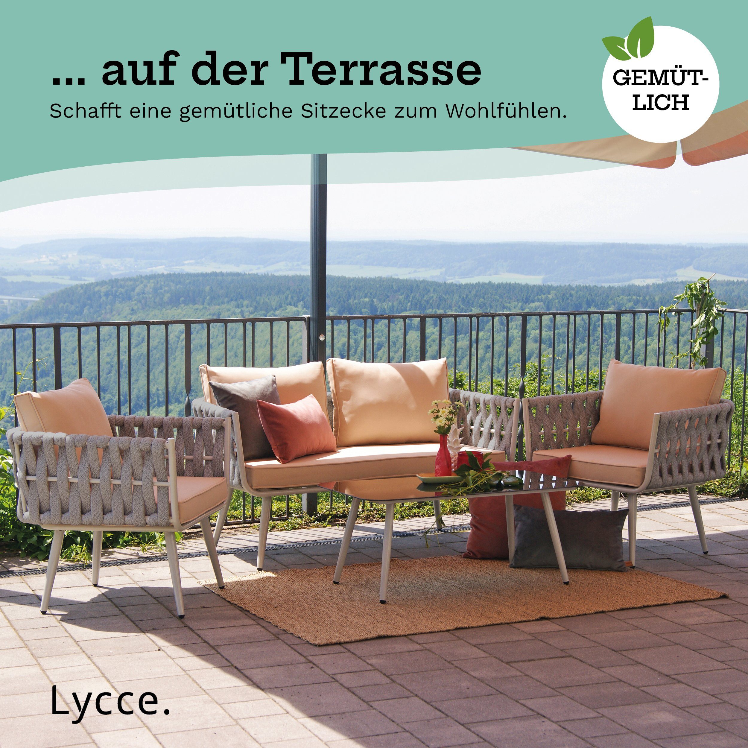 animal-design Loungeset Terrassenmöbel Gartenmöbel WEAVE 4er-Ser, (4,  4-tlg), 2 Sessel mit Kissen, 1 Sofa mit Kissen, 1 Tisch mit Glasplatte