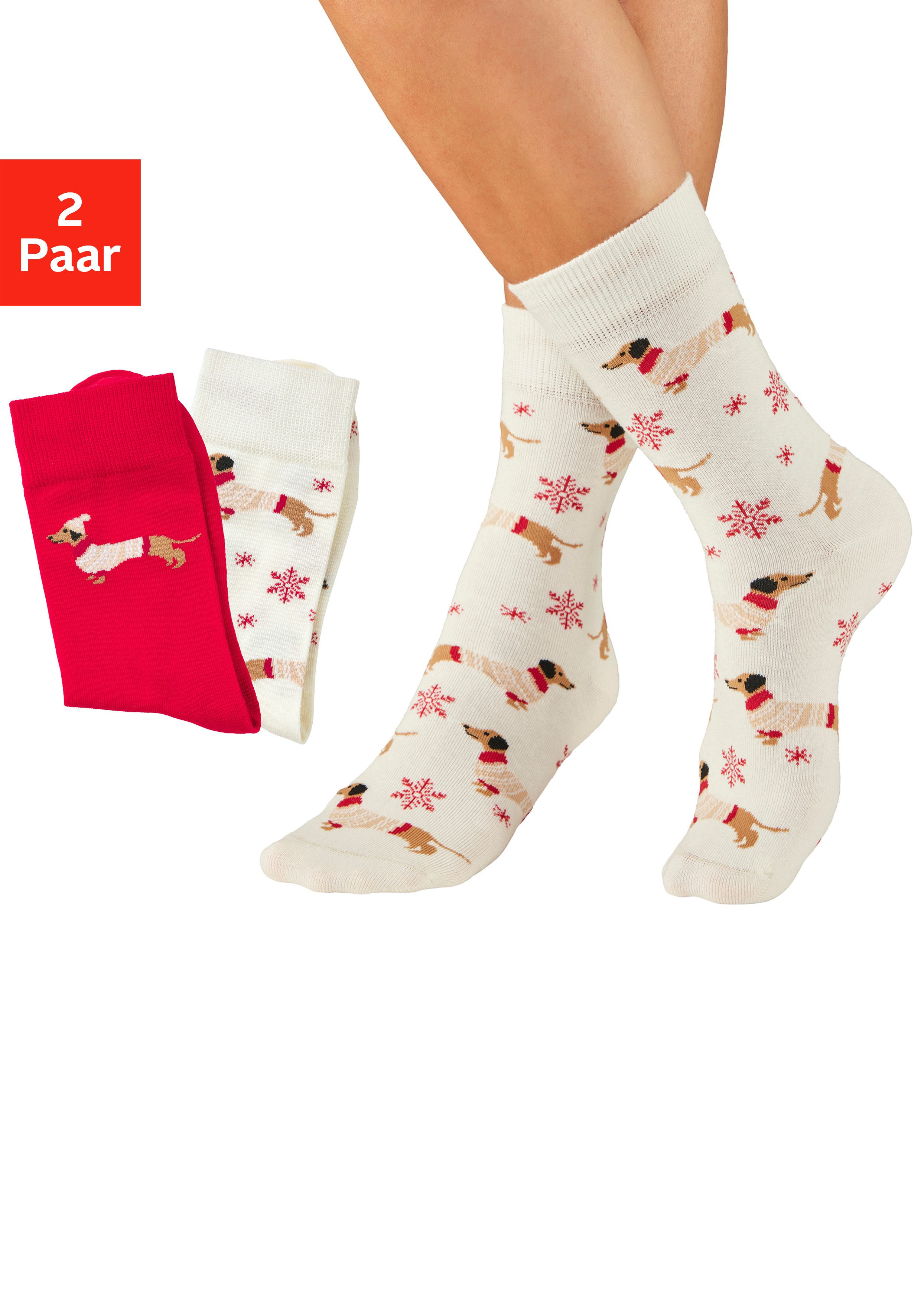 LASCANA Freizeitsocken Damen Weihnachtssocken Dackel (Packung, 2-Paar, Gr. 35-38 bis 39-42) mit festlichen Dackelmotiven
