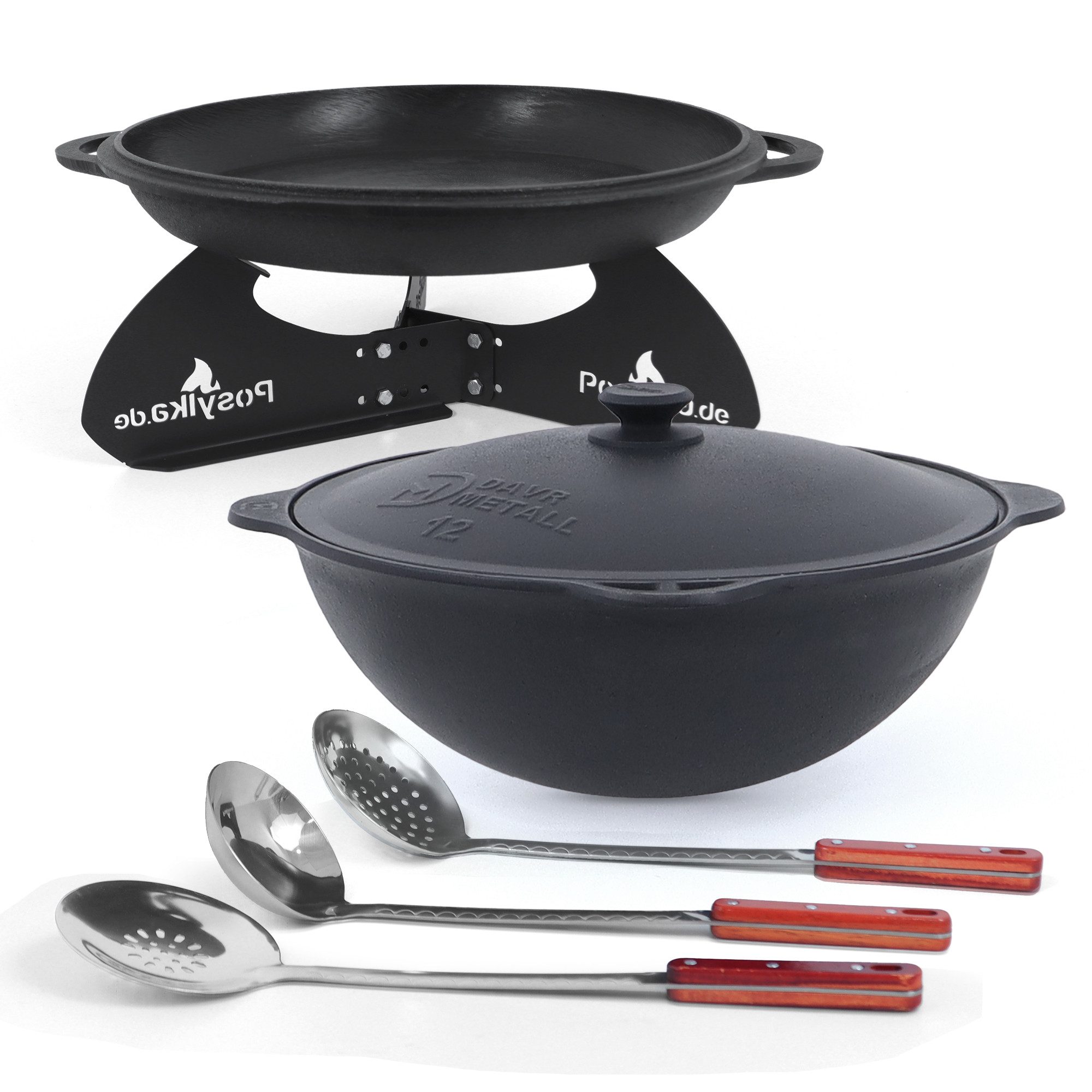 DAVR Metall Schmortopf Kasan Gusseisen 12 L Ø 42,5 cm rund 9-tlg Deckelpfanne Plovbesteck, Stahl, Gusseisen, Holz, Aluminium, Edelstahl, Kunststoff (9-tlg), Dickwandig