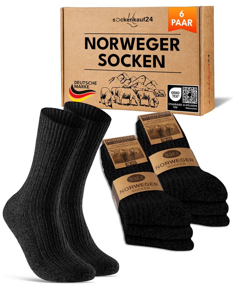sockenkauf24 Norwegersocken 6 Paar warme Wintersocken Herren & Damen Wollsocken mit verstärkter Sohle in Schwarz Grau Anthrazit - 70301T