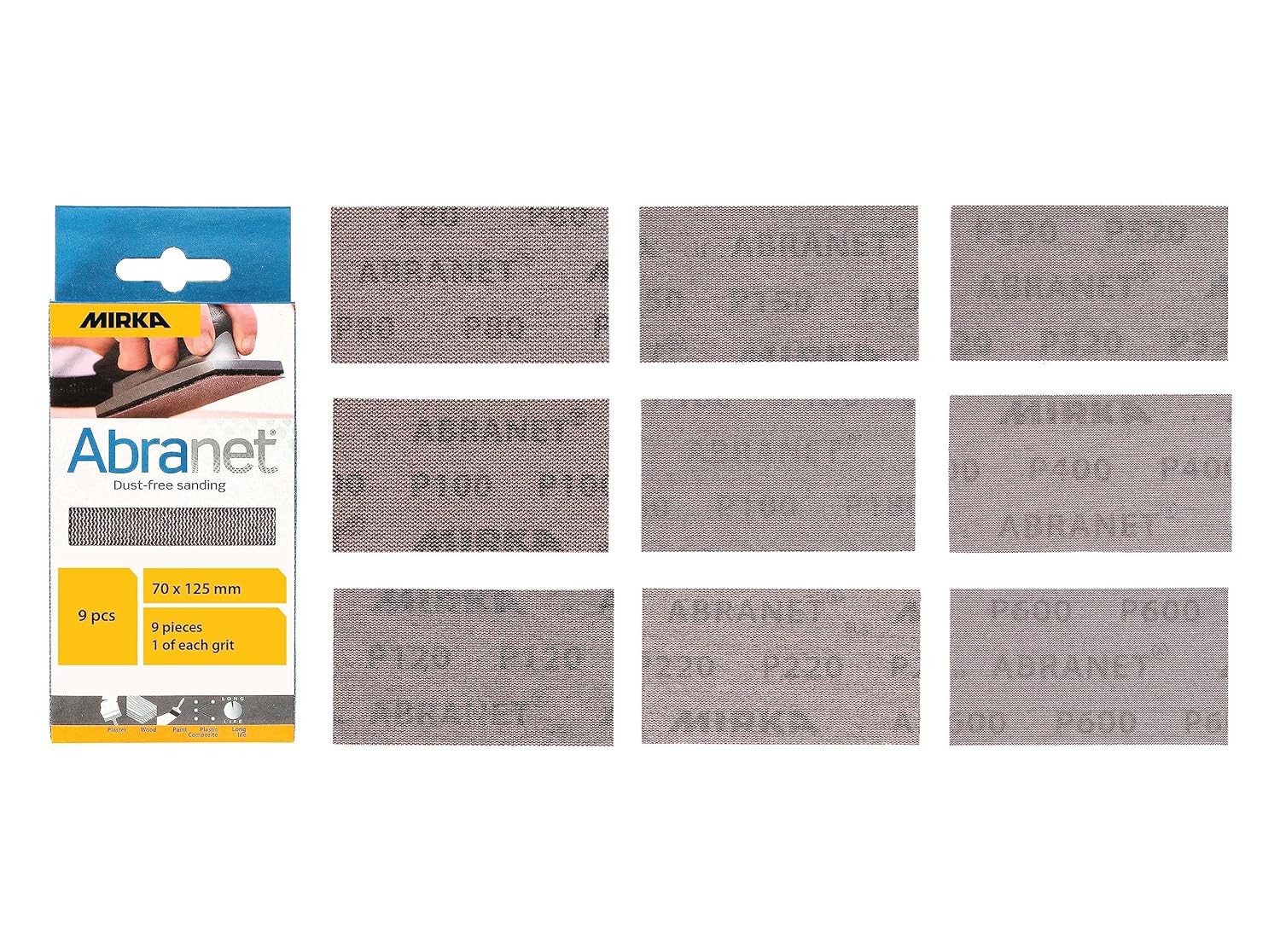 Mirka Schleifpapier Abranet Schleifstreifen (Mix Pack), (9 St), 70x125mm, Schleifstreifen, Holz, Spachtel, Lack & Kunststoff