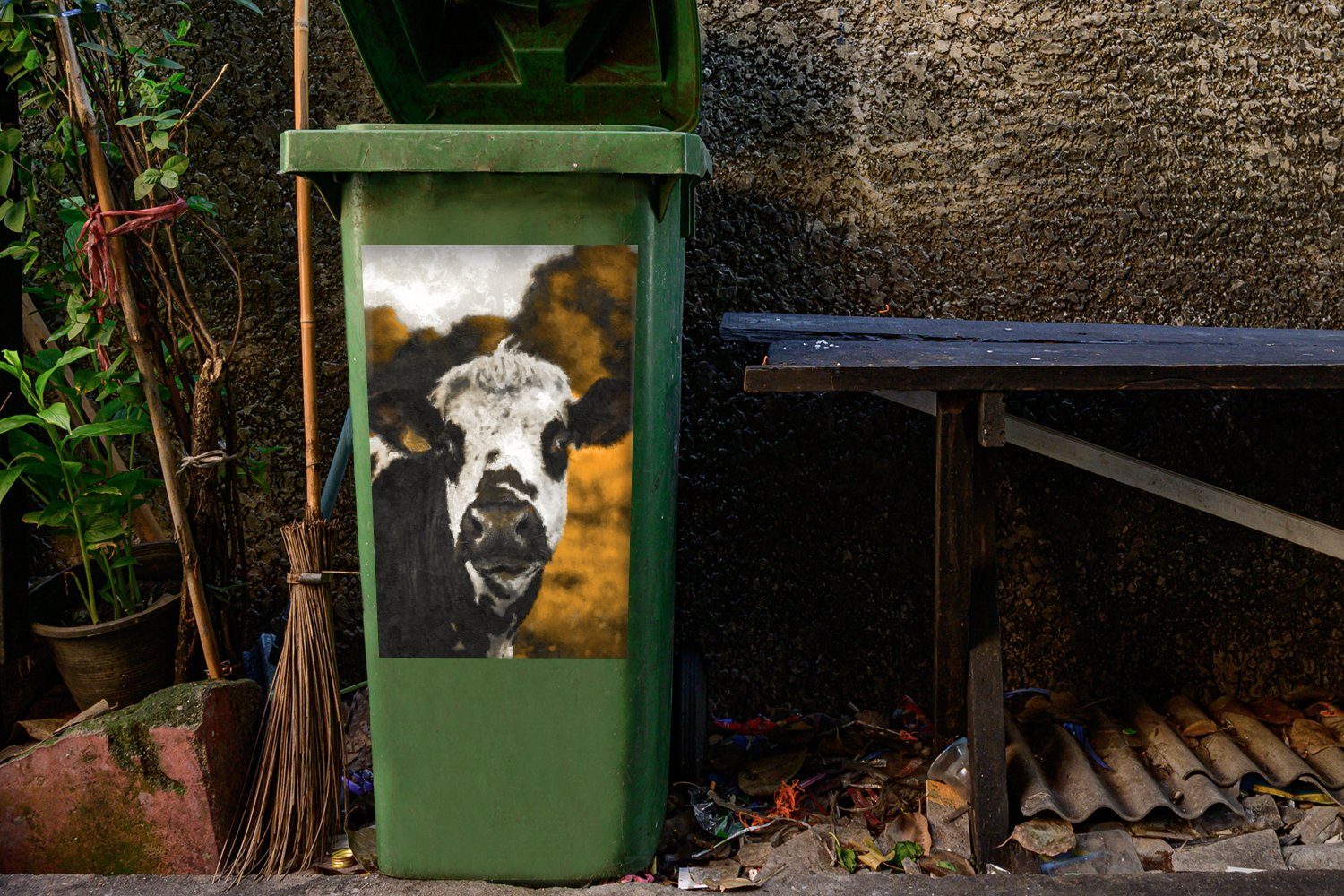 Schwarz St), (1 Kuh - Querformat Sticker, Wandsticker Mülleimer-aufkleber, MuchoWow Abfalbehälter Mülltonne, Container, -