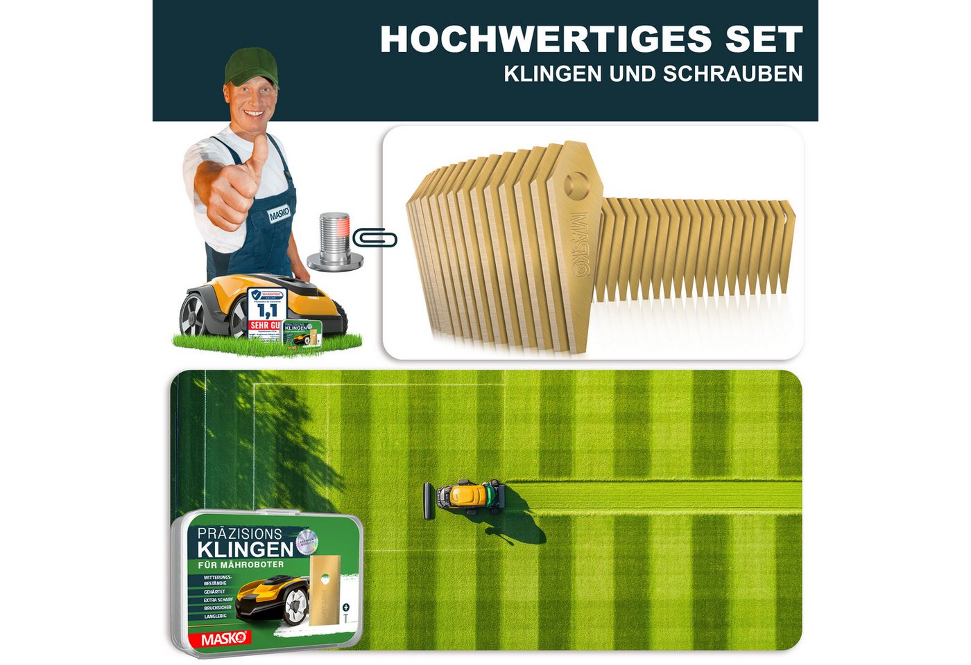 Thumbnail - MASKO Mährobotermesser (9-St), Ersatzmesser Klingen für Mähroboter langlebig Titan-Beschichtung