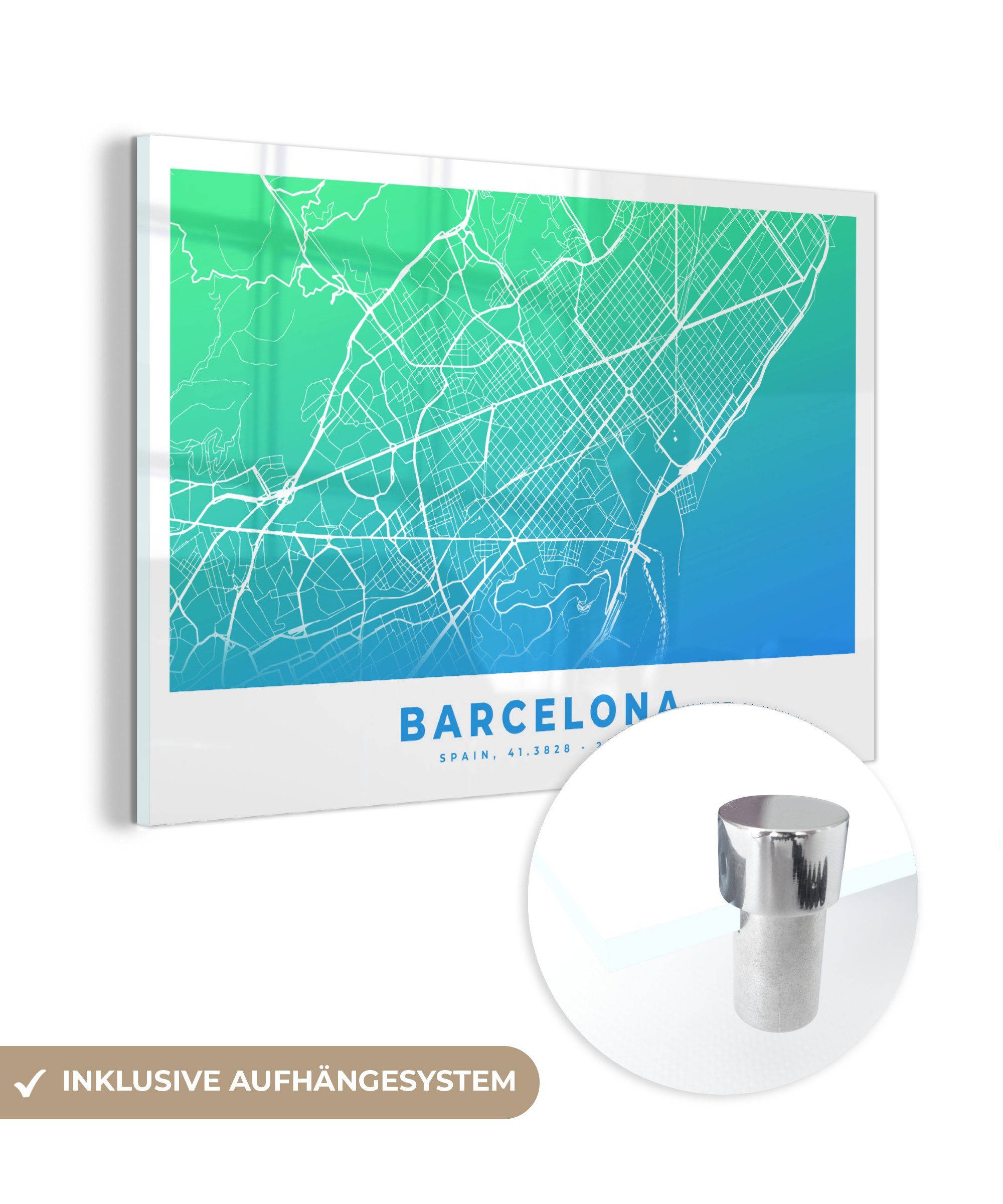 MuchoWow Acrylglasbild Barcelona - Stadtplan - Spanien, (1 St), Acrylglasbilder Wohnzimmer & Schlafzimmer