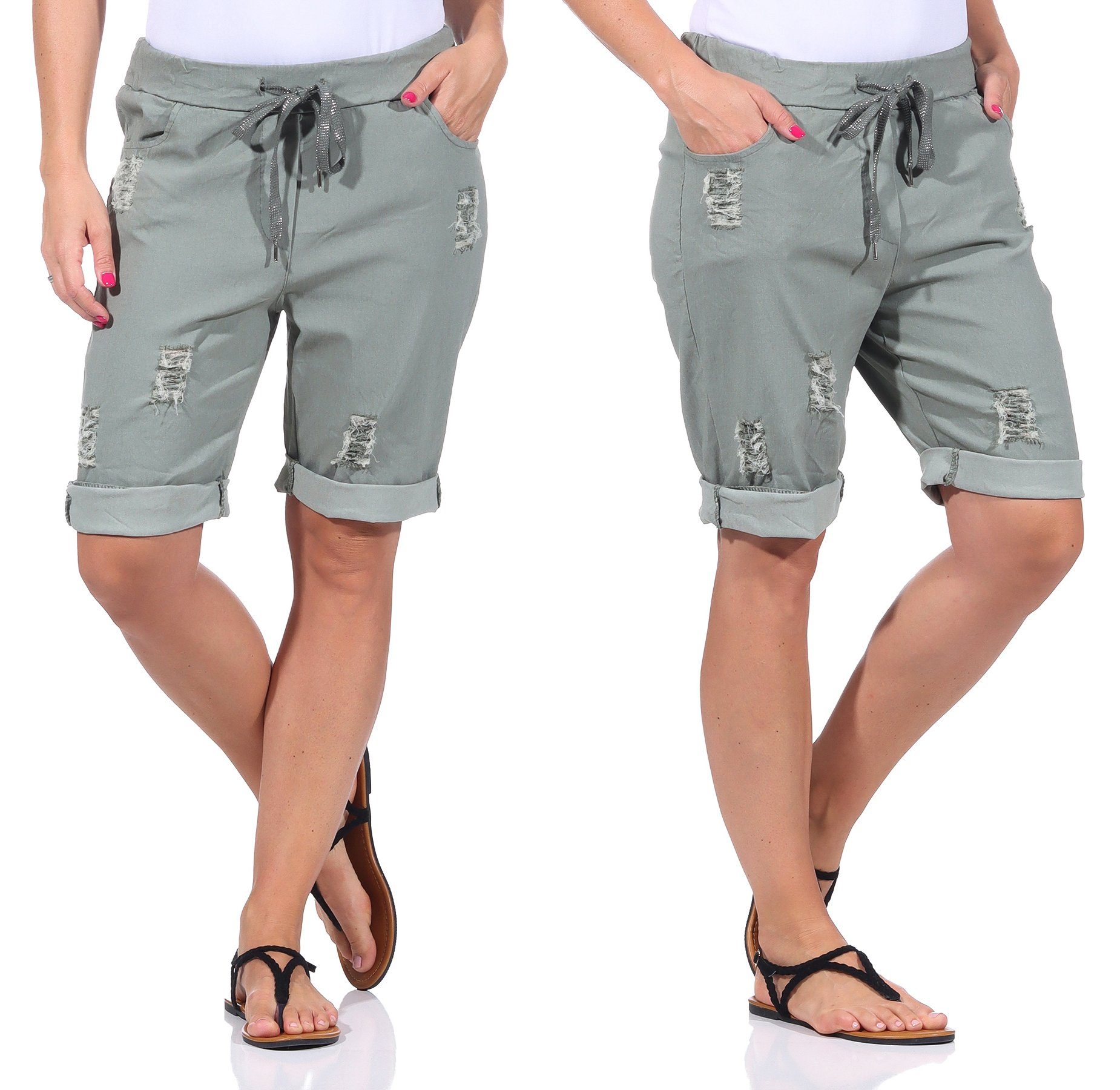 kurze Aurela Sommerliche basic, Damen Stretch Look leichten Distressed Damenmode Hose für elastisch, im Khaki casual, Strandshorts Bermuda
