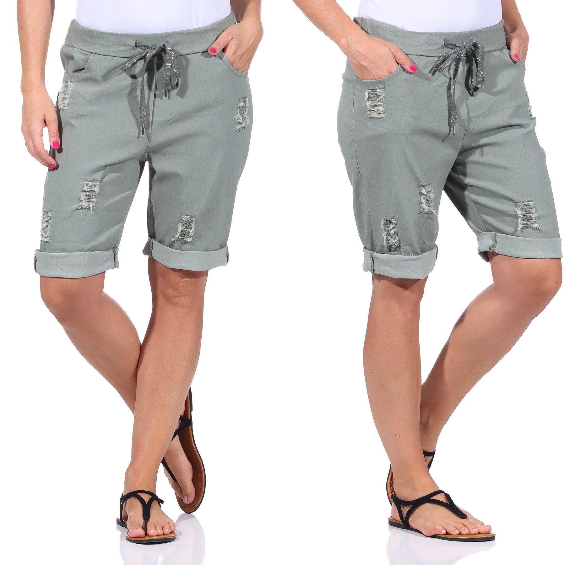 Aurela Damenmode Strandshorts Distressed im Khaki Damen casual, kurze leichten elastisch, basic, Bermuda Hose Stretch für Look Sommerliche