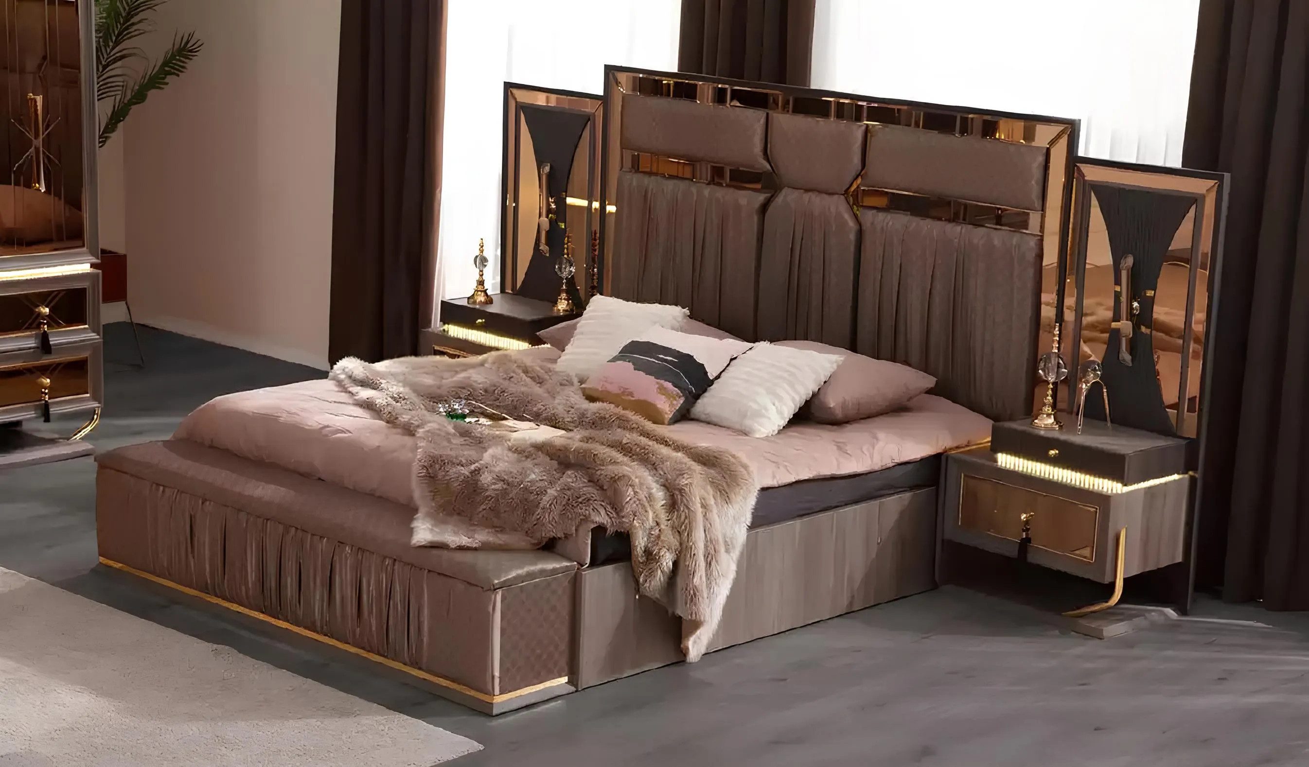 Schlafzimmer-Set Garnitur Doppelbett Beige Nachttische Schlafzimmer Bett Set 4tlg Bank