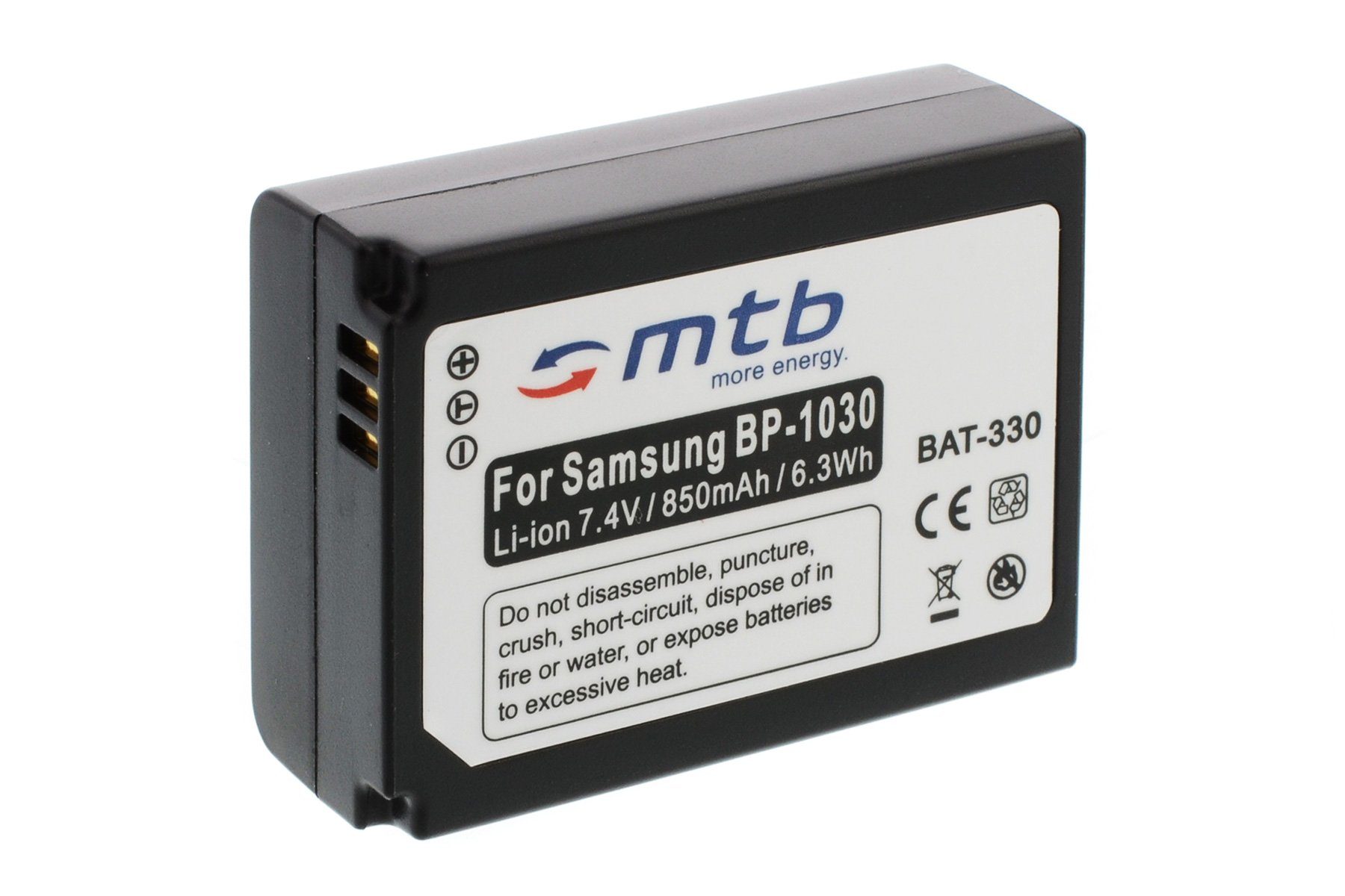 mtb more energy [BAT-330 - Li-Ion] Kamera-Akku kompatibel mit Akku-Typ BP1030 850 mAh (7,4 V), passend für: Samsung NX200, NX210, NX300, NX310, NX1000, NX1100, NX2000, NX2020, NX2030…