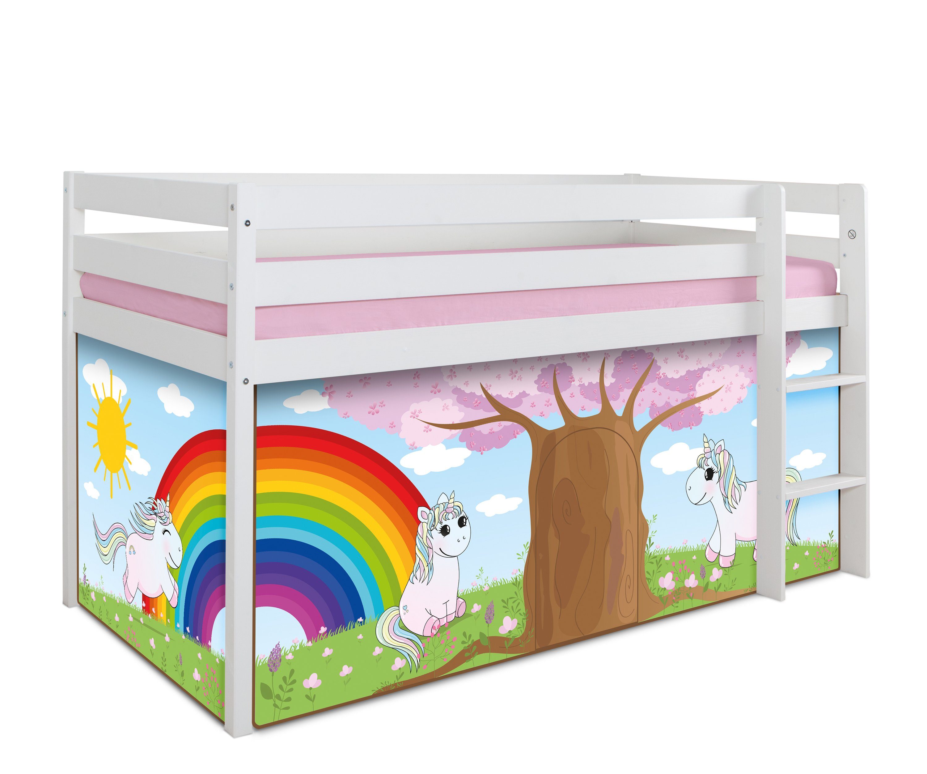 Ticaa Hochbett Hochbett "Einhorn Rainbow" Kiefer weiß