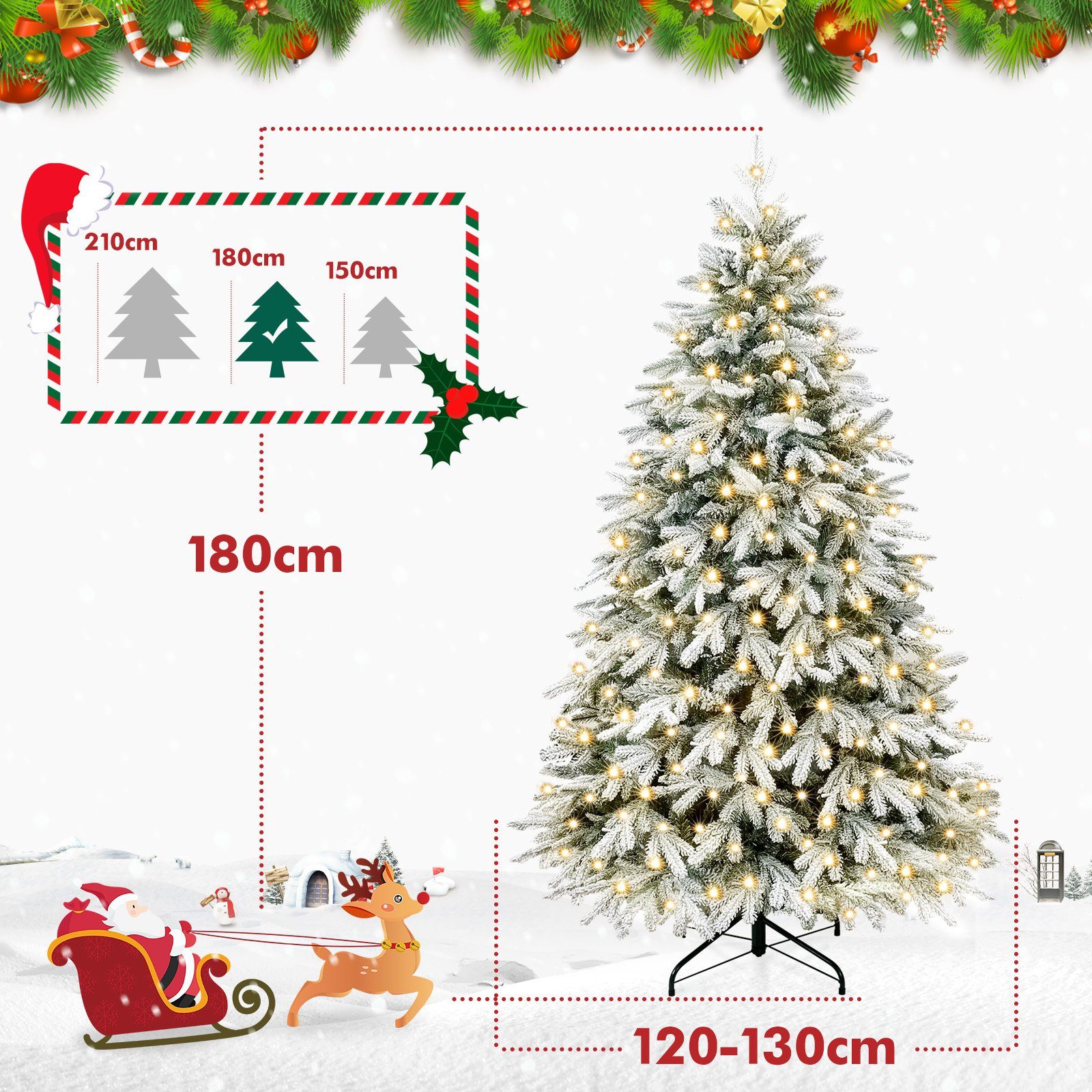Yorbay Künstlicher Weihnachtsbaum Künstlicher Tannenbaum mit LED Beleuchtung, Weihnachstbaum aus PE, PVC, 150 / 180 / 210 cm auswählbar, mit Ständer, Weiß Schneeflocken, Weihnachtsbaum Christbaum für Weihnachten-Dekoration
