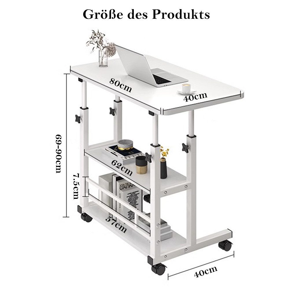 TUWENA Computertisch Computer-Schreibtisch, Höhenverstellbarer Beistelltisch mit Rädern, Mobil Büro-Schreibtisch für Studenten und Arbeiter, 80x40x60–90 cm