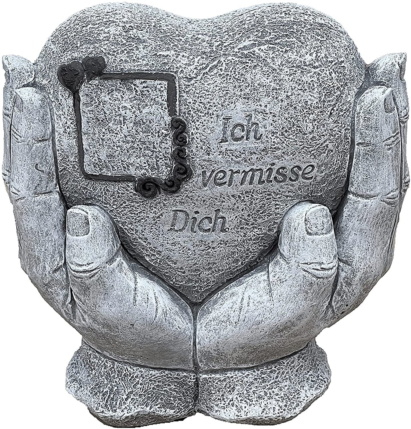 Stone and Style Gartenfigur Steinfigur Grabstein Grabschmuck Herz in Hand " Ich vermisse Dich "